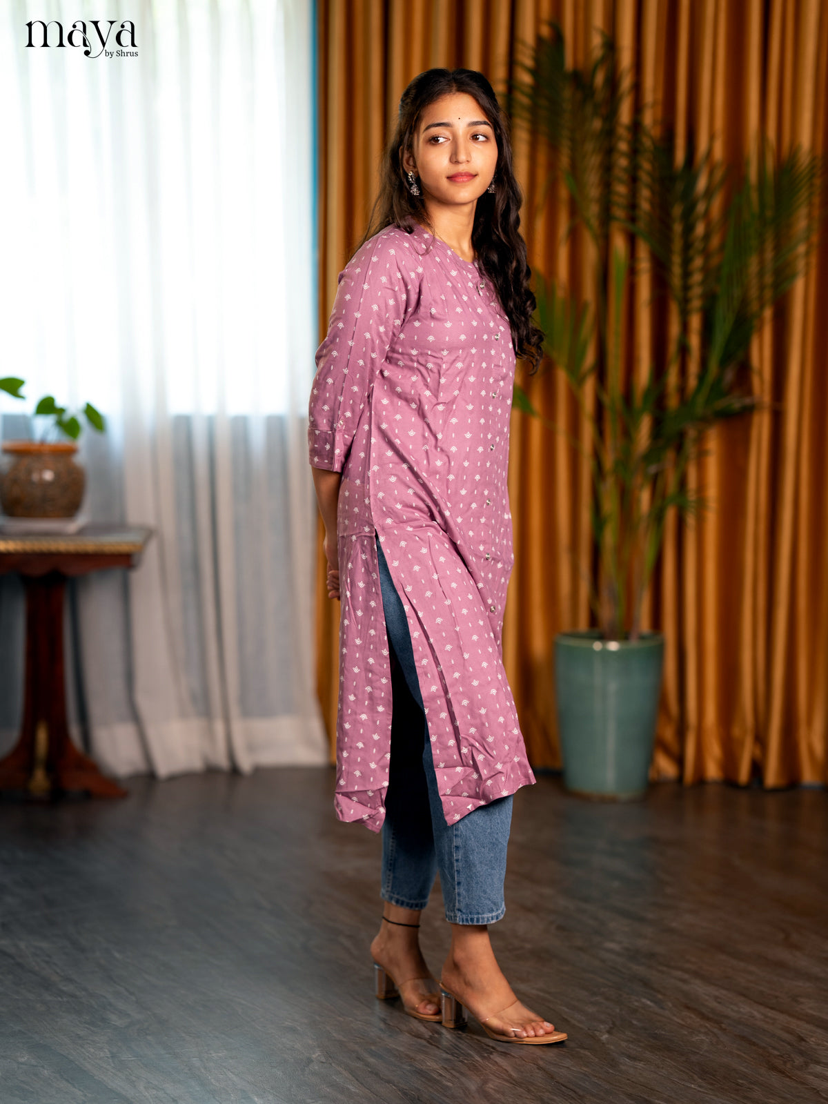 Onion Pink Motif Printed Rayon A - Line Kurti - Shop on Shrus.com