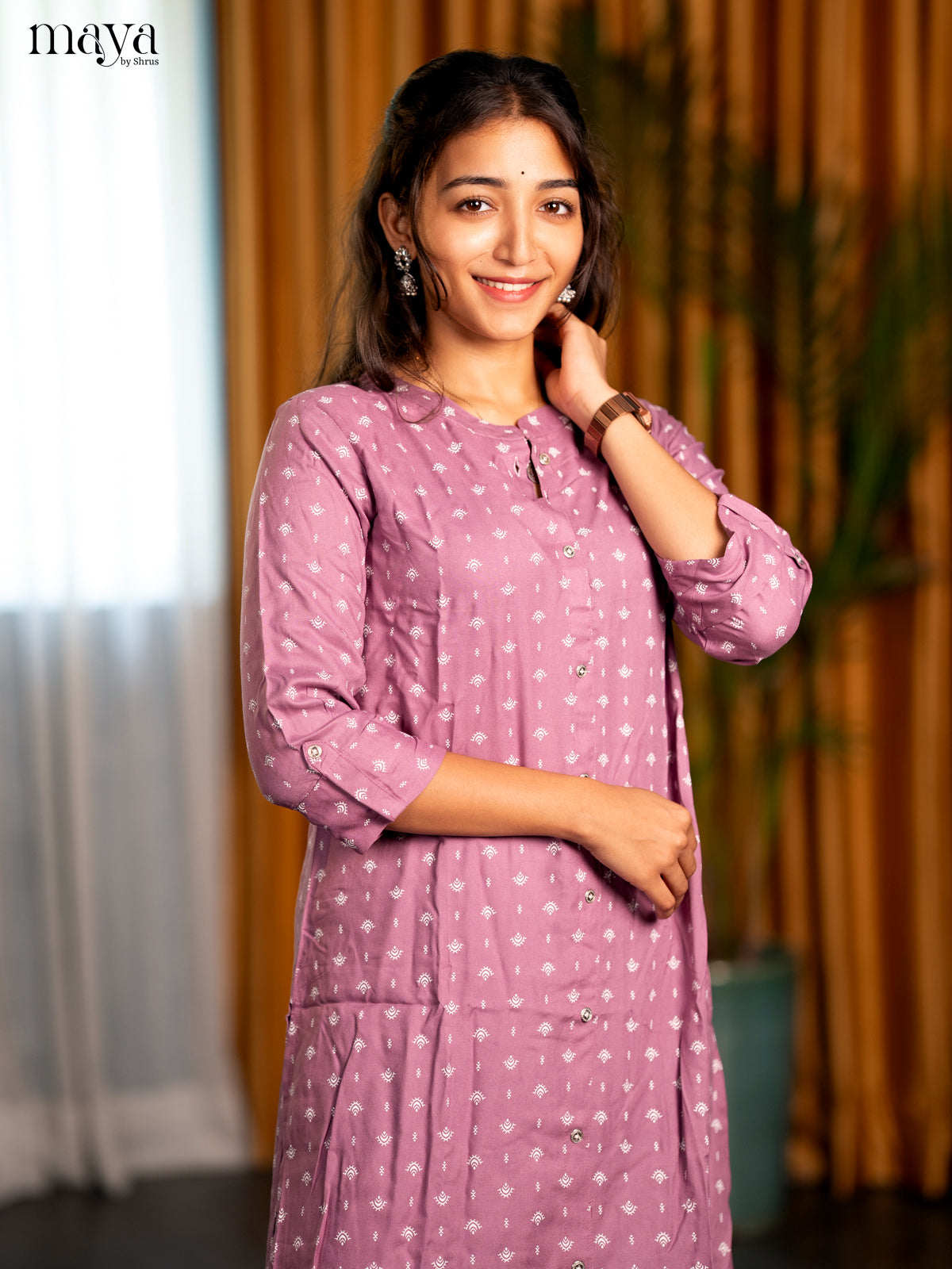 Onion Pink Motif Printed Rayon A - Line Kurti - Shop on Shrus.com
