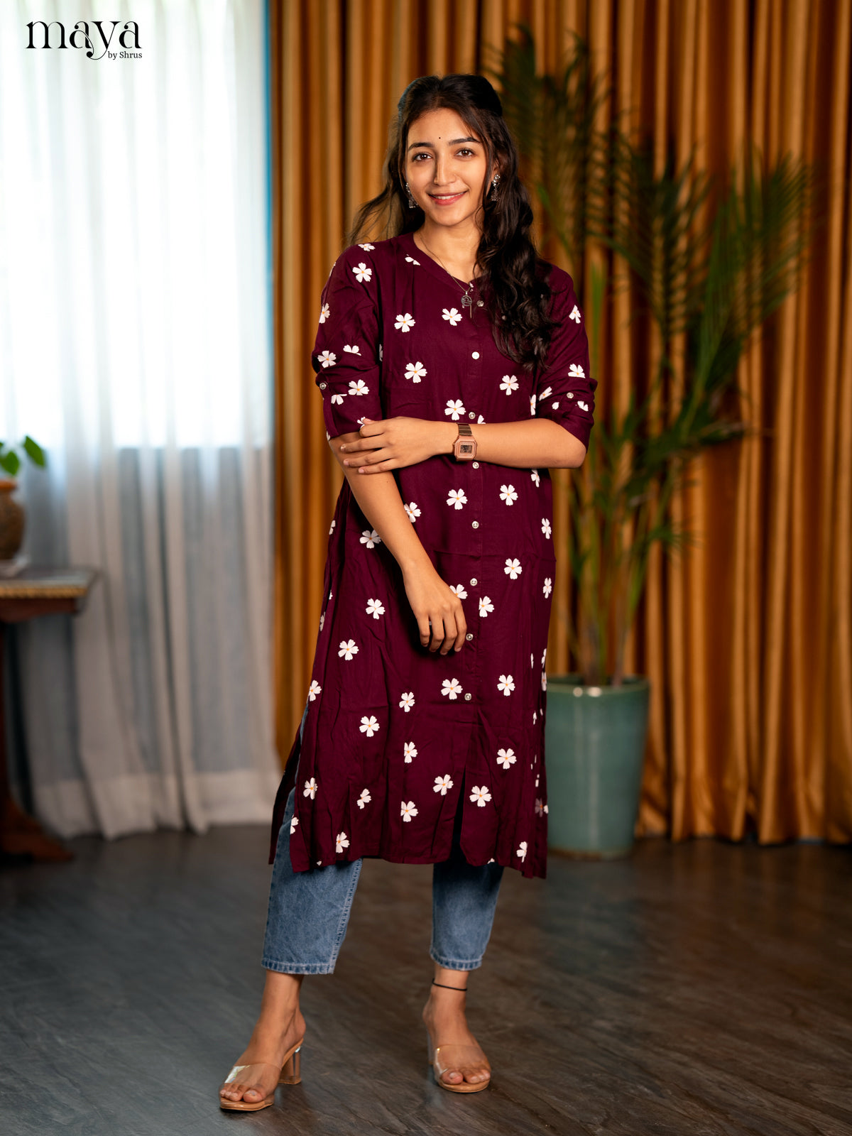 Wine Floral Printed Rayon A - Line Kurti - Shop on Shrus.com