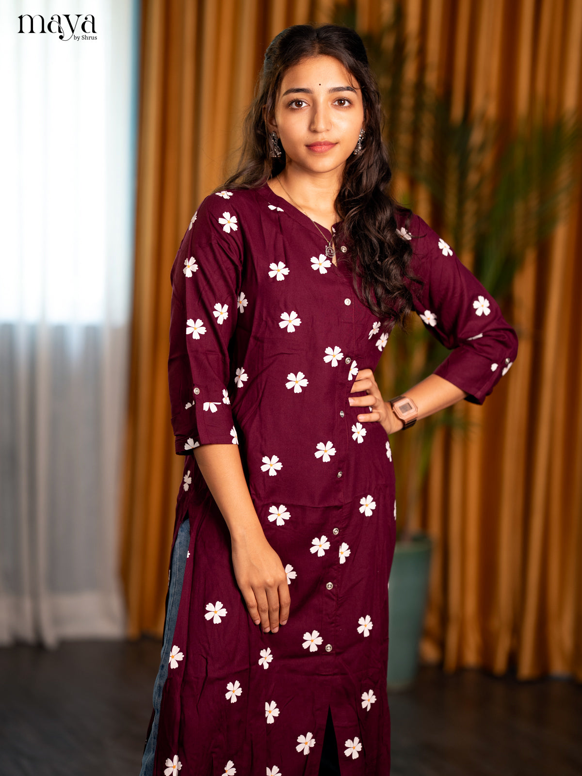 Wine Floral Printed Rayon A - Line Kurti - Shop on Shrus.com