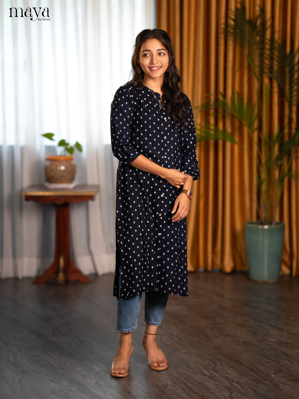 Dark Navy Blue Floral Printed Rayon A- Line Kurti - Shop on Shrus.com