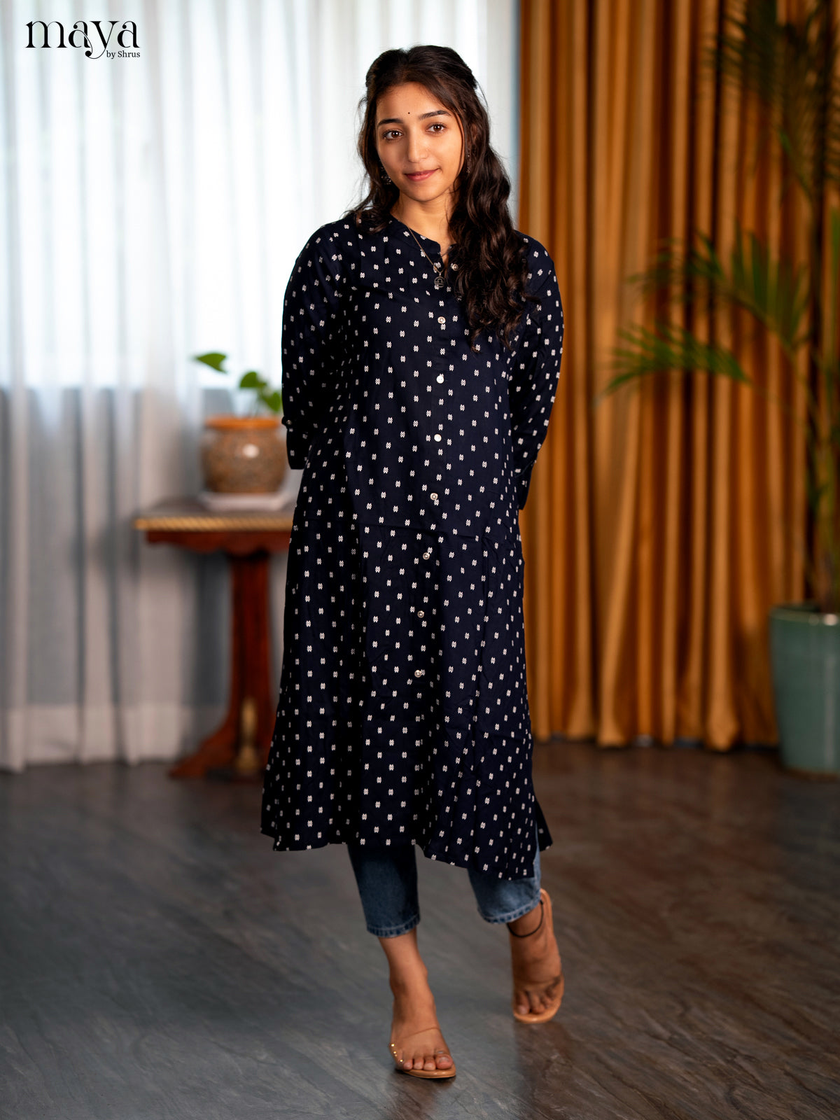 Dark Navy Blue Floral Printed Rayon A- Line Kurti - Shop on Shrus.com