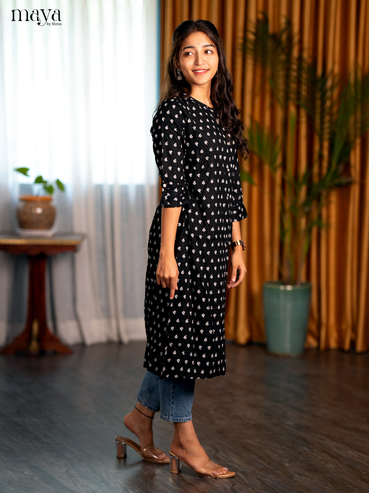 Black Floral Printed Rayon A- Line Kurti - Shop on Shrus.com