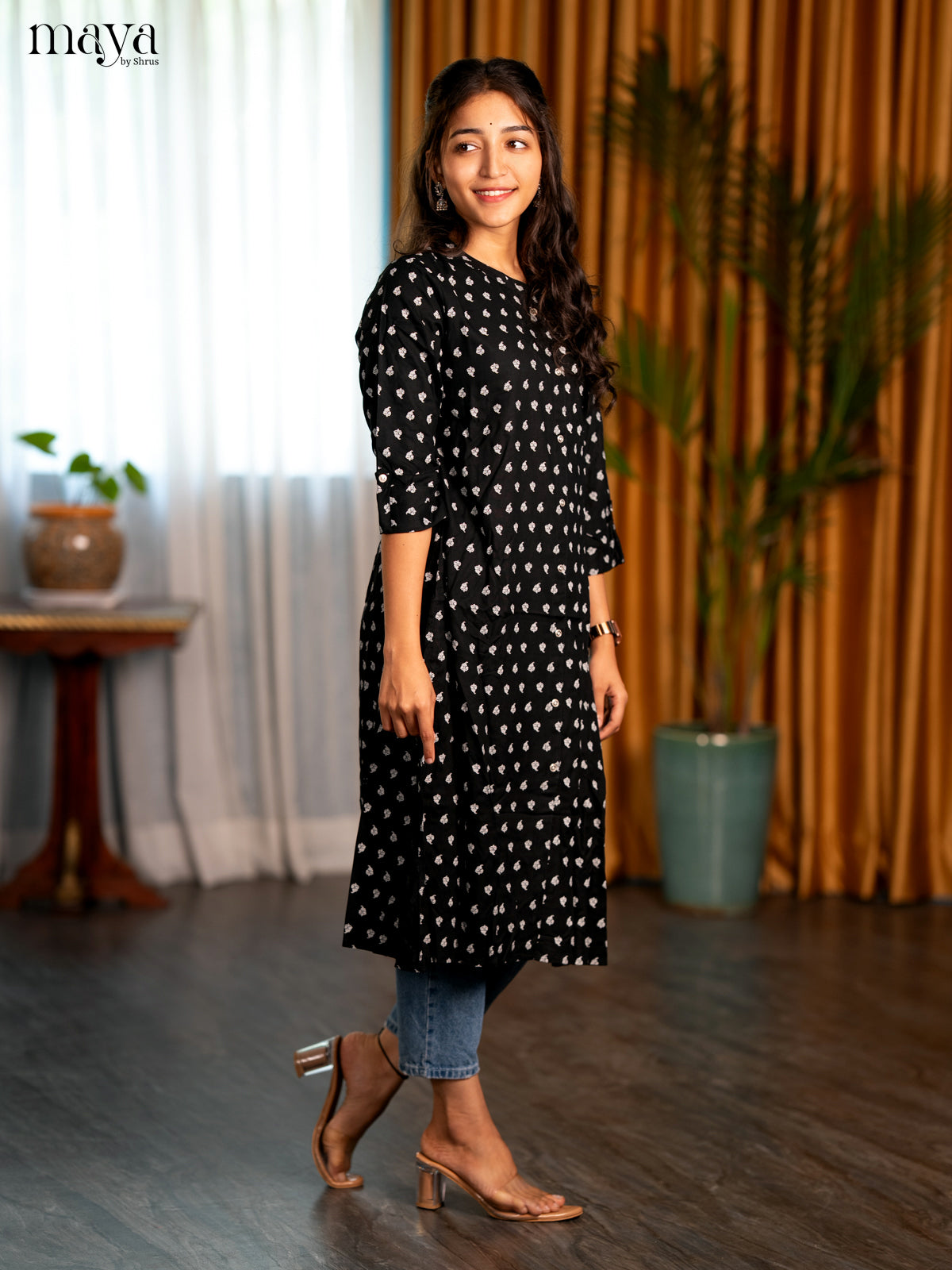 Black Floral Printed Rayon A- Line Kurti - Shop on Shrus.com