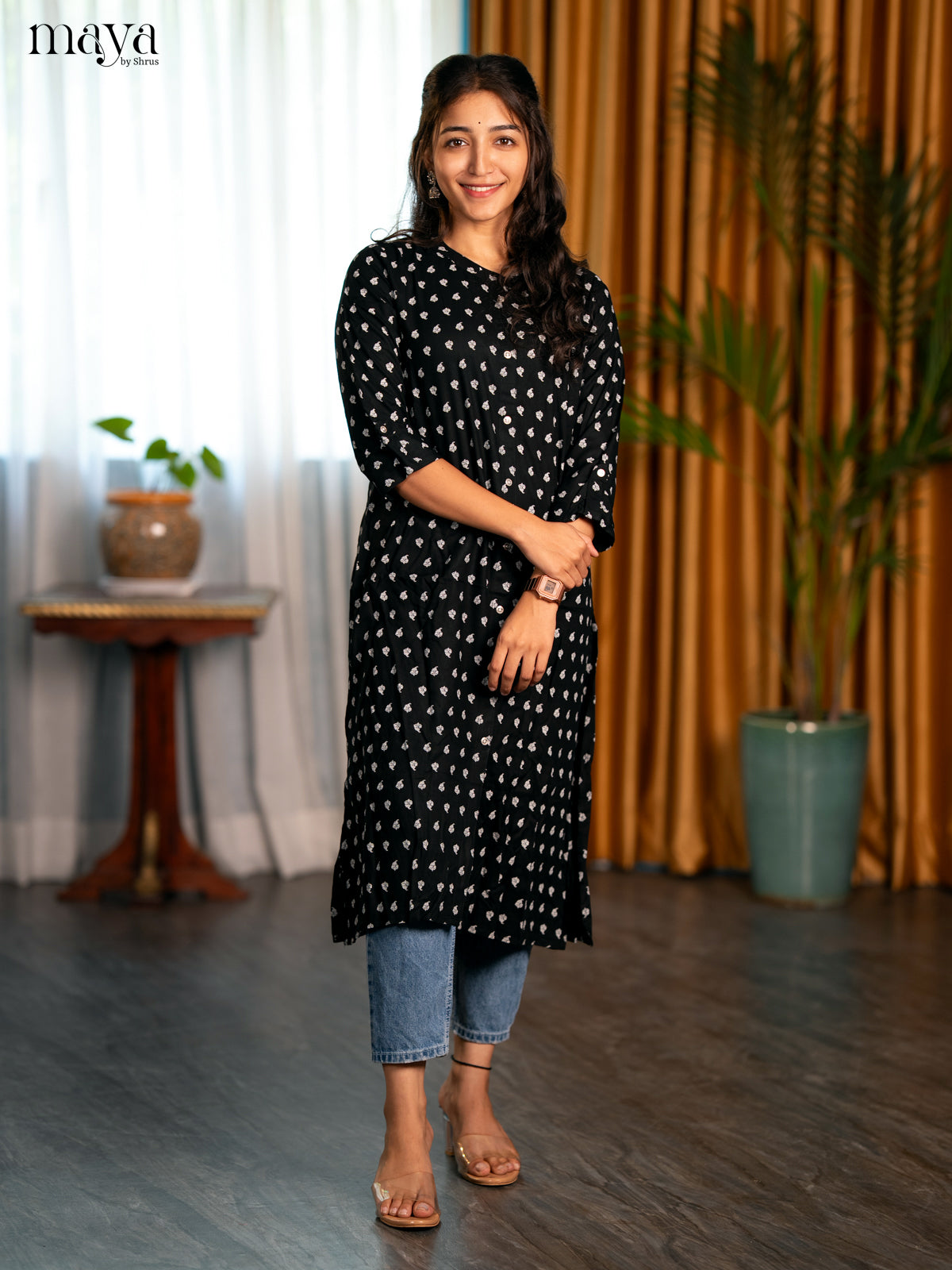 Black Floral Printed Rayon A- Line Kurti - Shop on Shrus.com