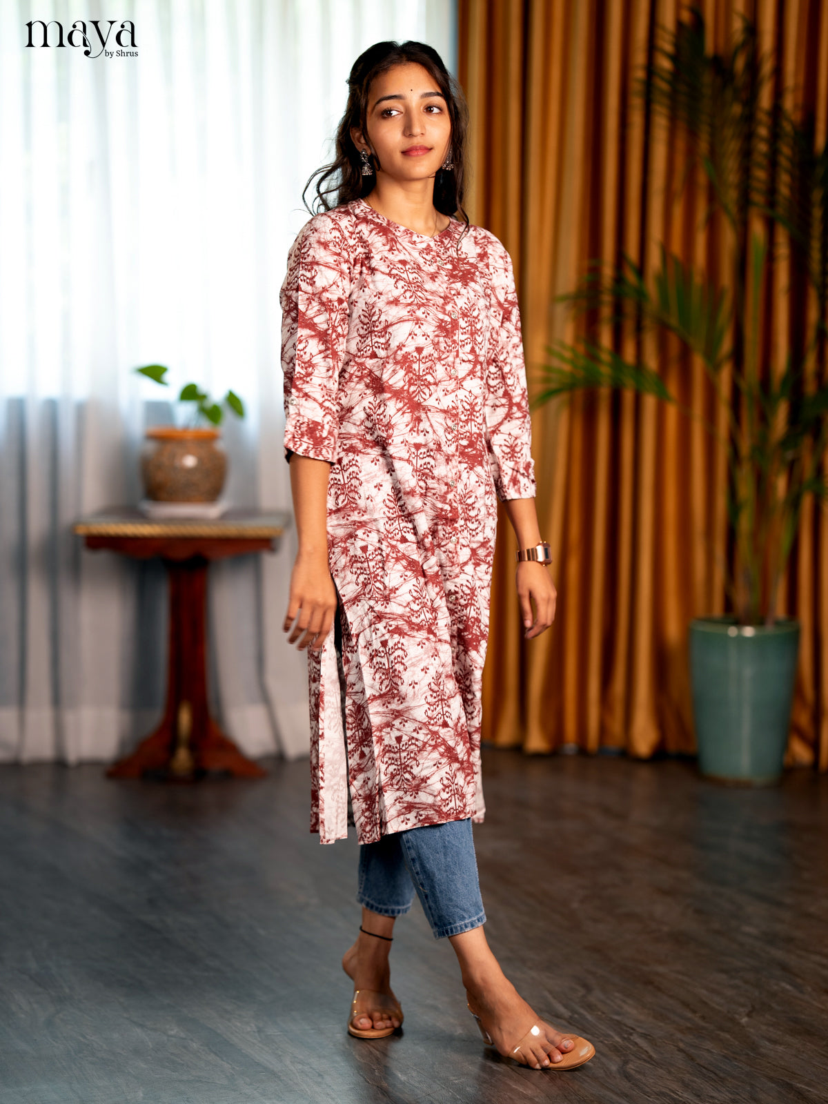 White with Brown Printed Rayon A- Line Kurti - Shop on Shrus.com
