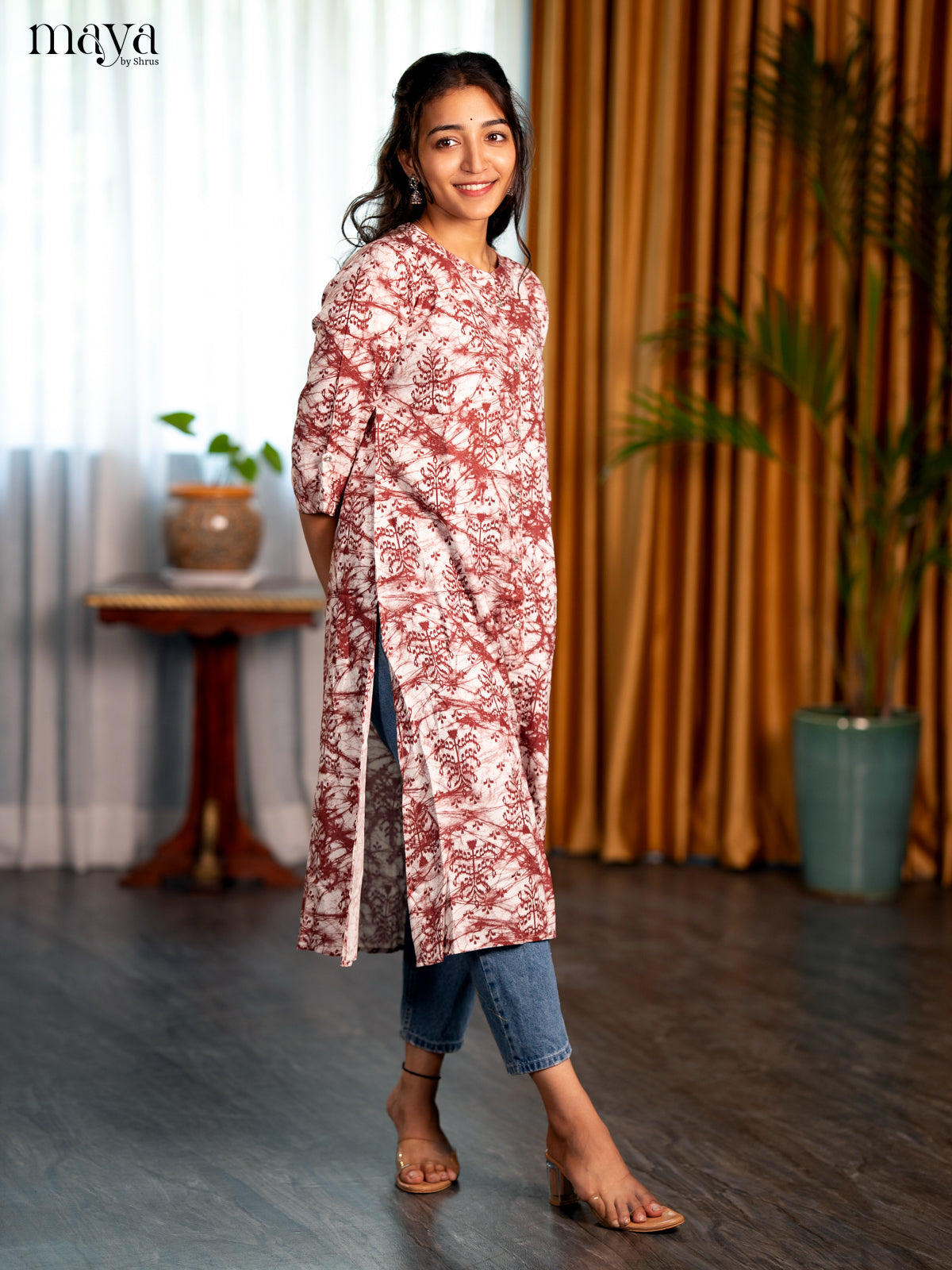 White with Brown Printed Rayon A- Line Kurti - Shop on Shrus.com