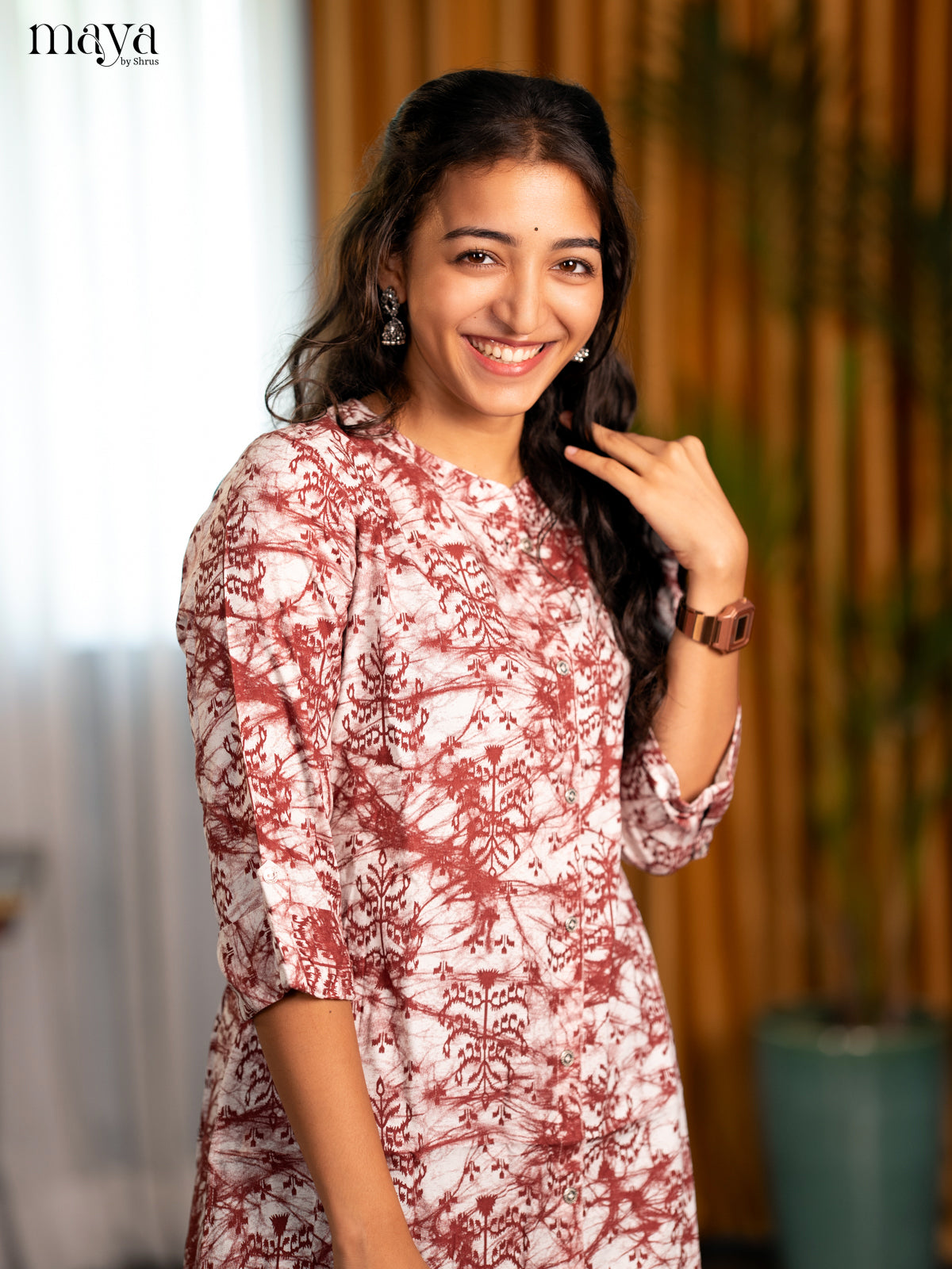 White with Brown Printed Rayon A- Line Kurti - Shop on Shrus.com