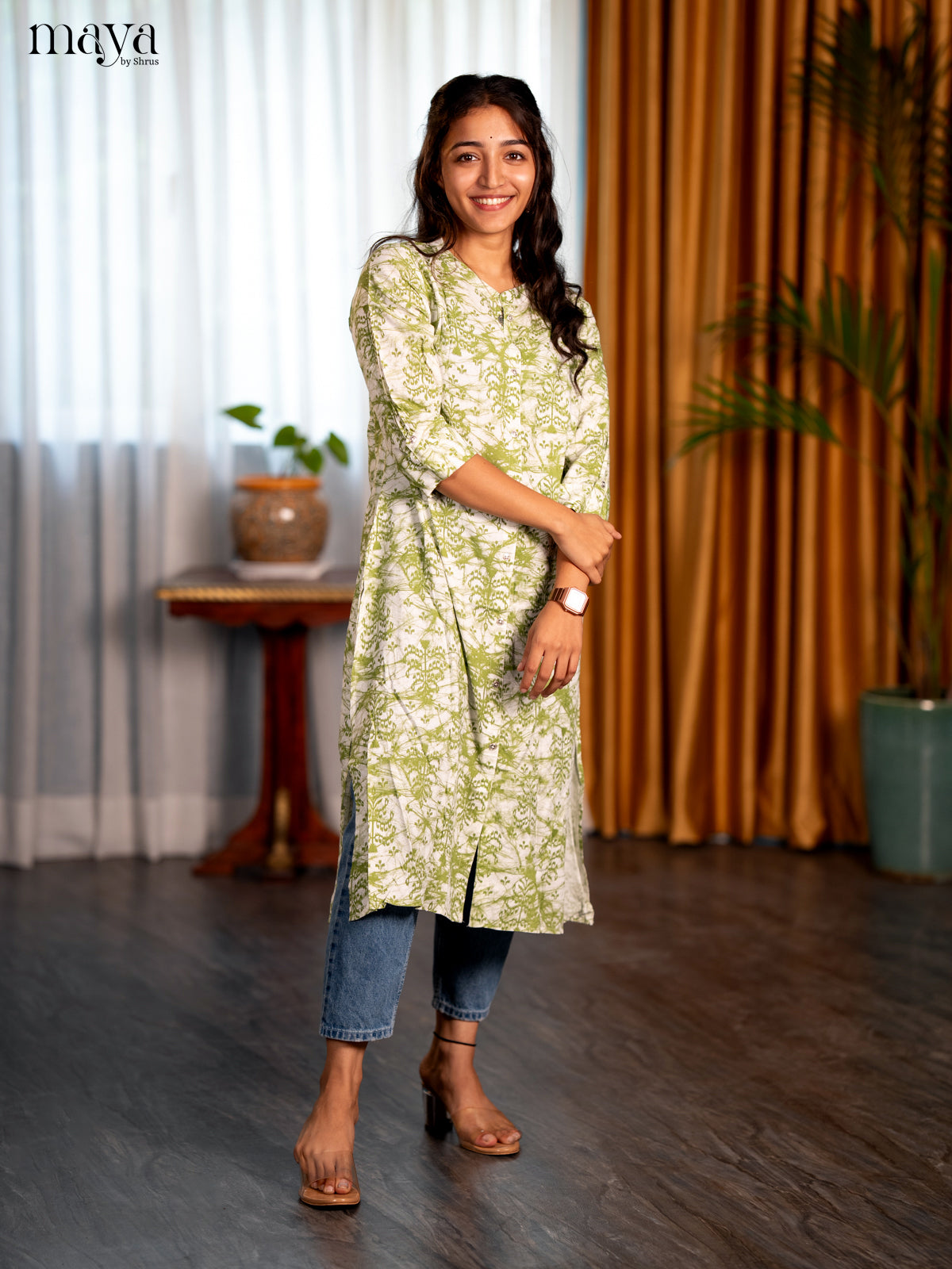 White with Green Printed Rayon A- Line Kurti - Shop on Shrus.com