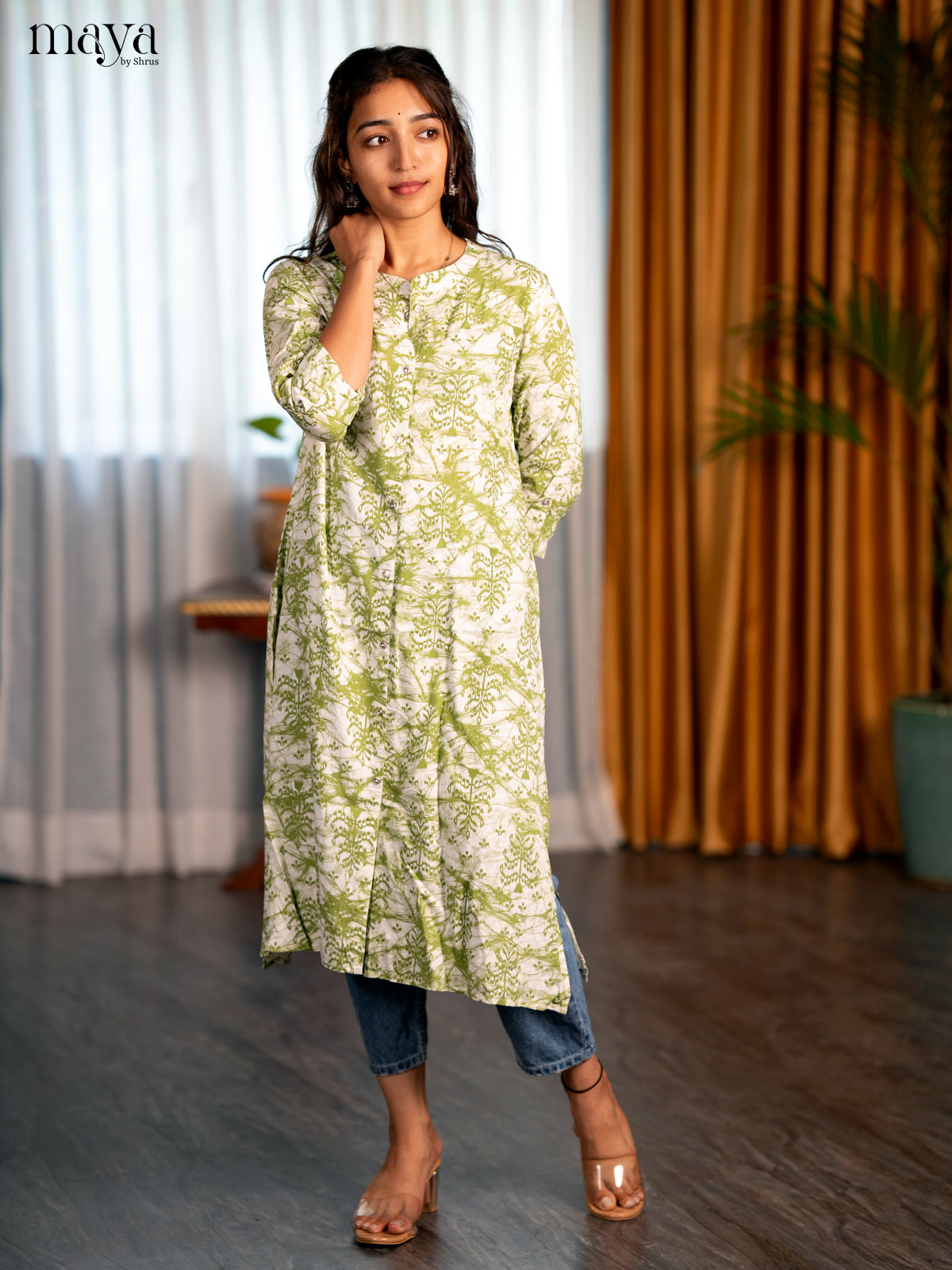 White with Green Printed Rayon A- Line Kurti - Shop on Shrus.com