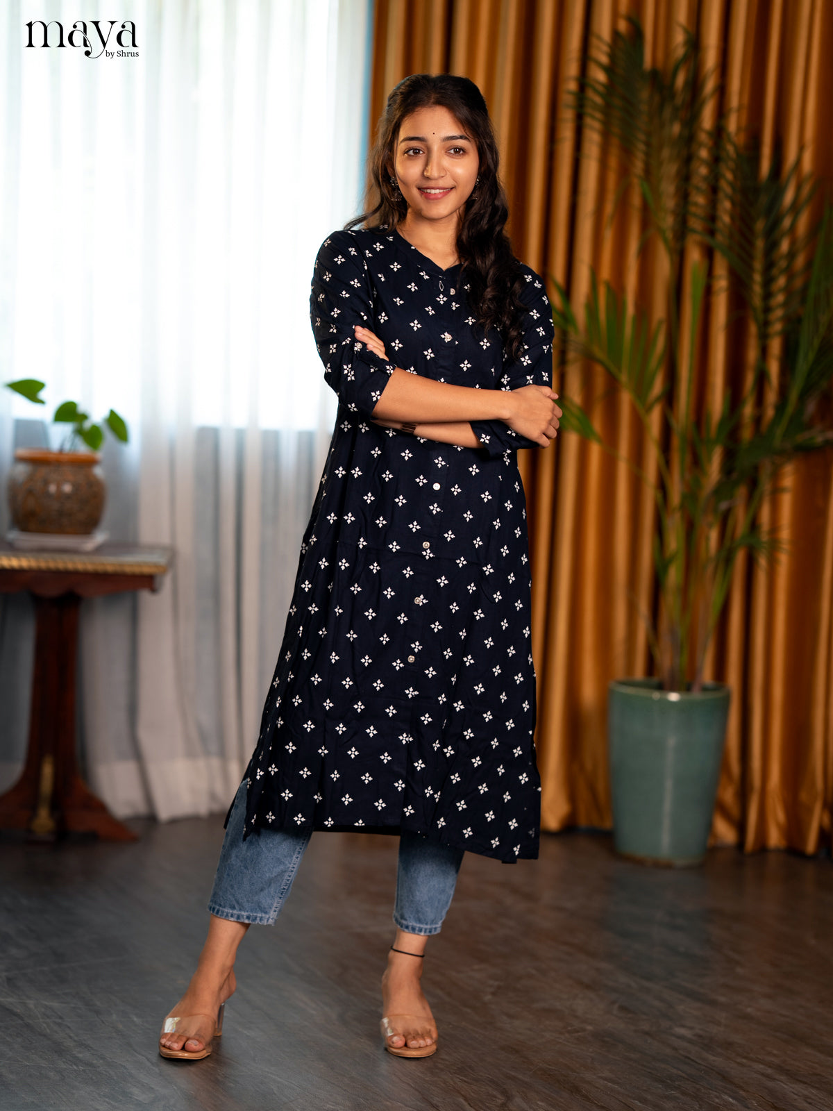 Black Floral Print Rayon A- Line Kurti - Shop on Shrus.com