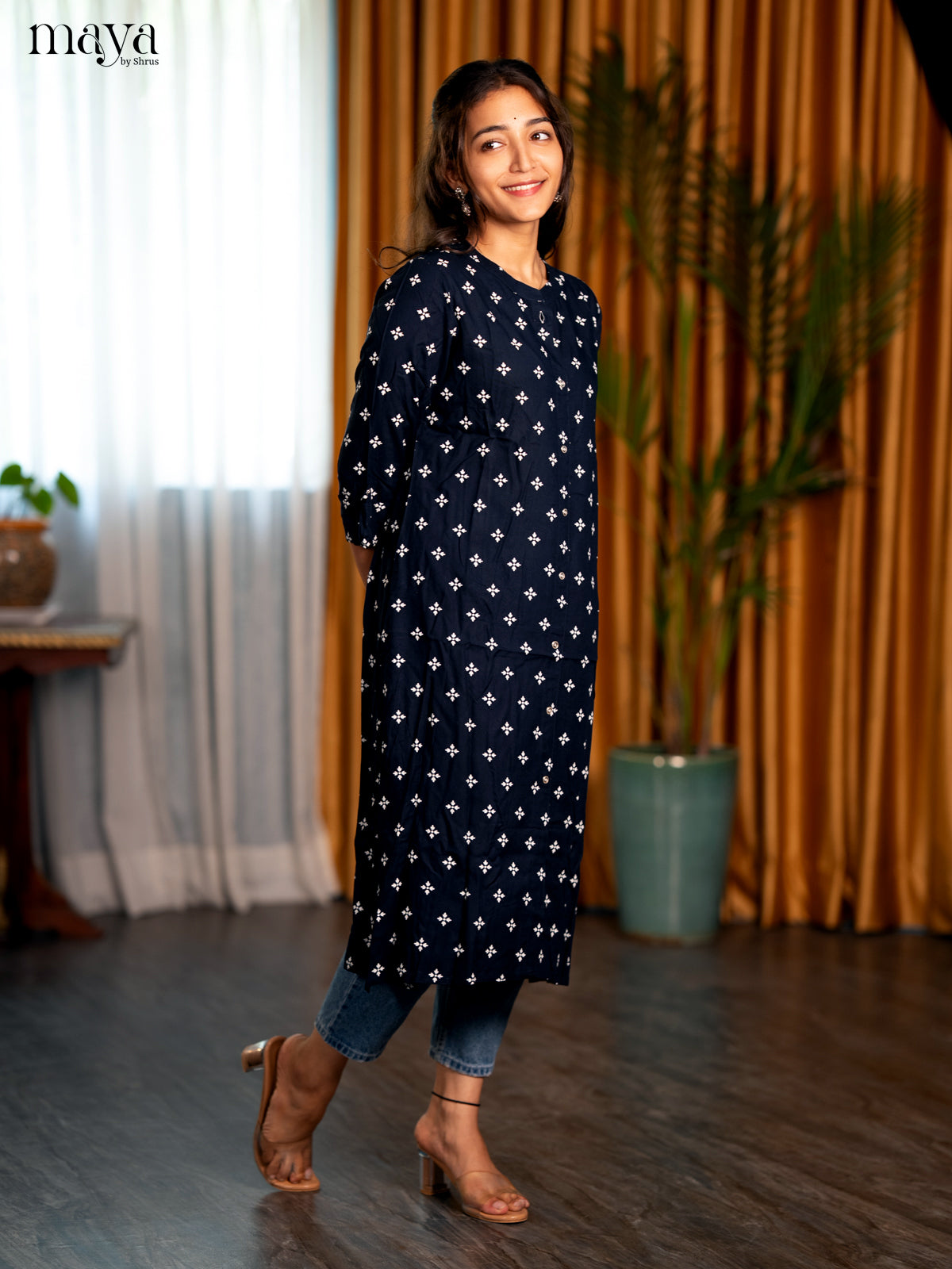 Black Floral Print Rayon A- Line Kurti - Shop on Shrus.com