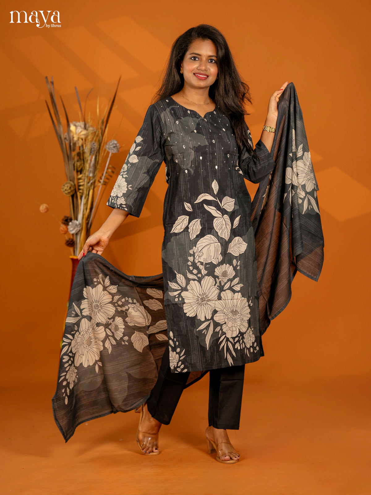 Elephant Grey Cotton 3pc Salwar Suit with Floral Print - Top, Bottom & Dupatta - Shop on Shrus.com