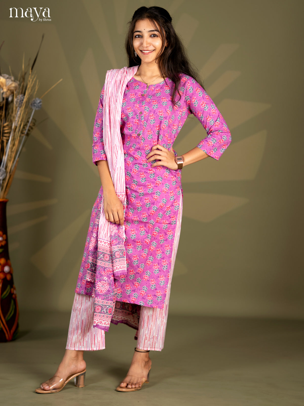 Purple Cotton 3pc Salwar Suit with Floral Print - Top, Bottom & Dupatta - Shop on Shrus.com
