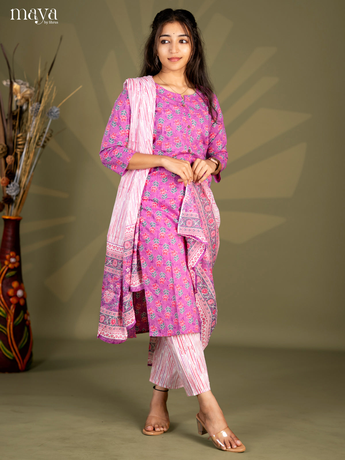 Purple Cotton 3pc Salwar Suit with Floral Print - Top, Bottom & Dupatta - Shop on Shrus.com