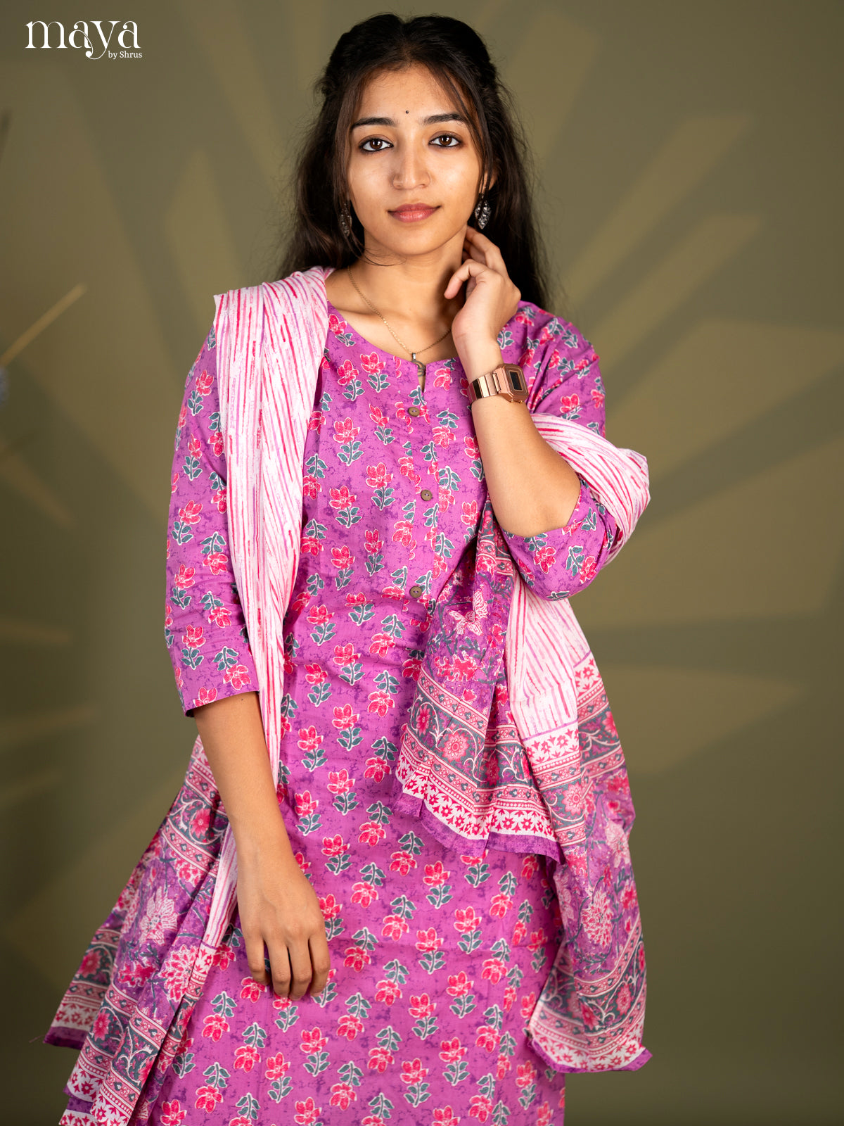 Purple Cotton 3pc Salwar Suit with Floral Print - Top, Bottom & Dupatta - Shop on Shrus.com