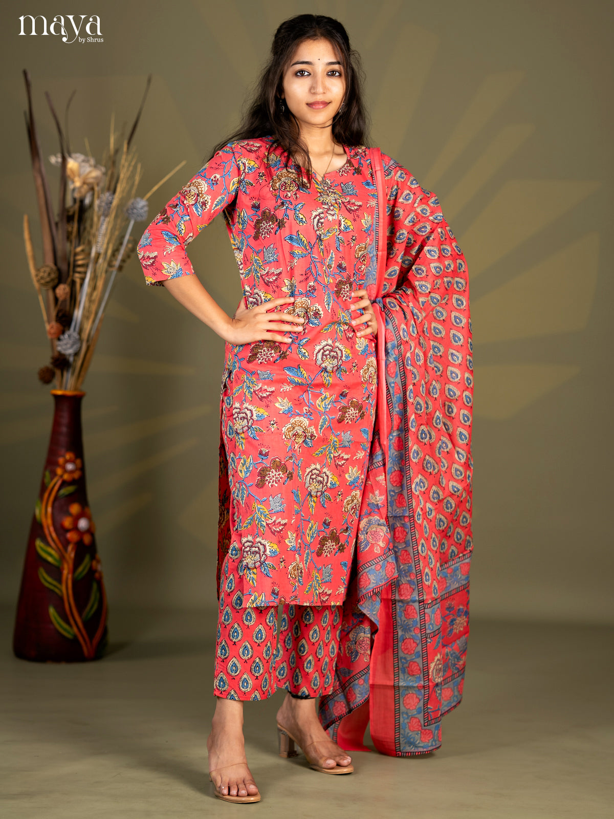 Peach Pik Cotton 3pc Salwar Suit with Floral Print - Top, Bottom & Dupatta - Shop on Shrus.com