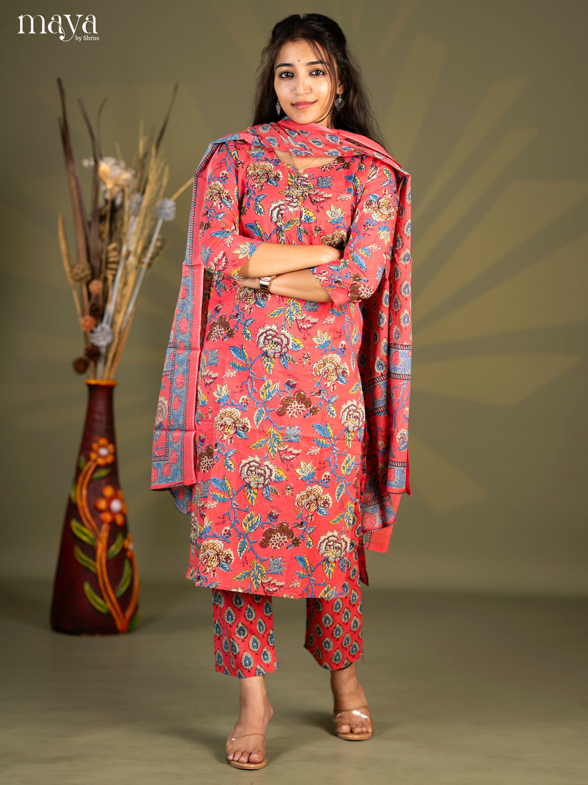 Peach Pik Cotton 3pc Salwar Suit with Floral Print - Top, Bottom & Dupatta - Shop on Shrus.com