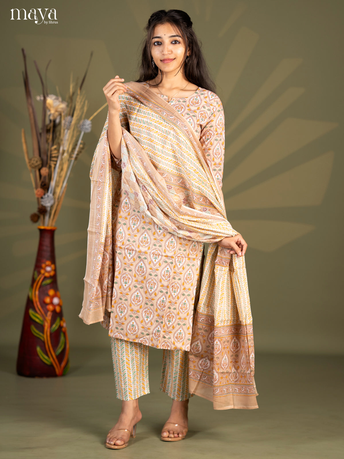 Beige Cotton 3pc Salwar Suit with Pasiley Print - Top, Bottom & Dupatta - Shop on Shrus.com