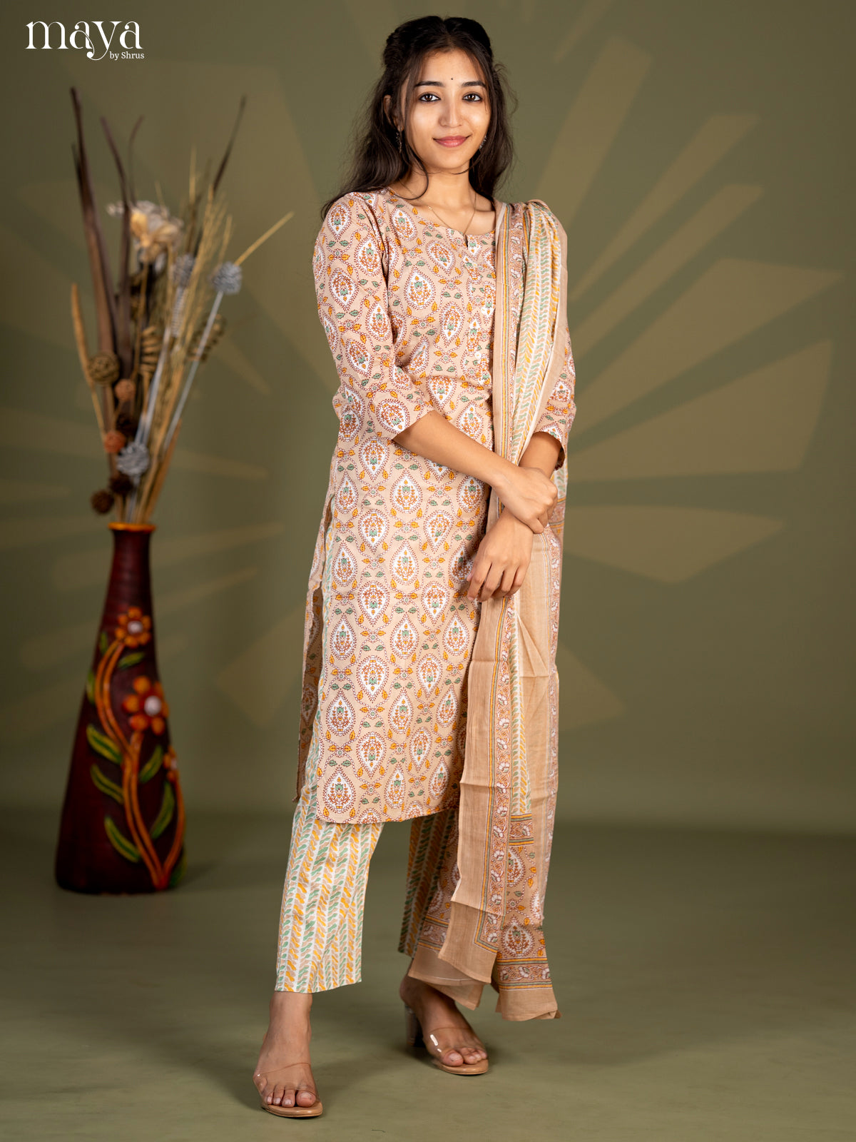 Beige Cotton 3pc Salwar Suit with Pasiley Print - Top, Bottom & Dupatta - Shop on Shrus.com