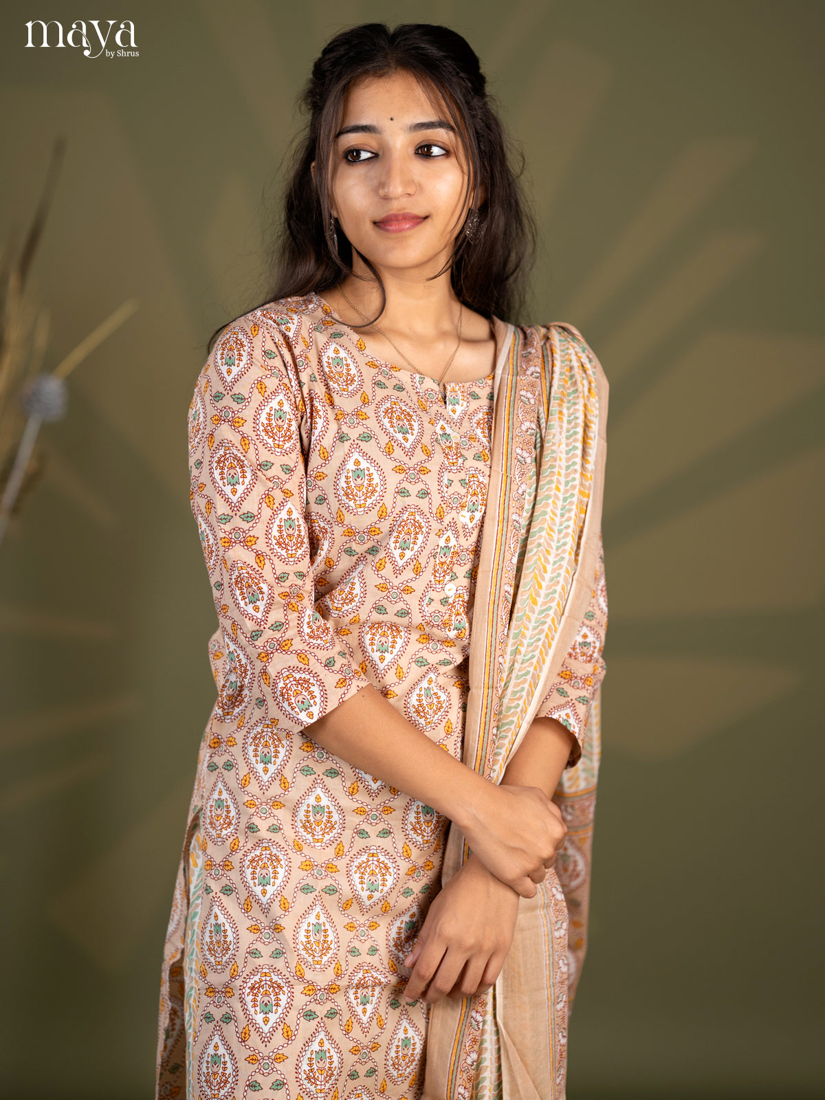 Beige Cotton 3pc Salwar Suit with Pasiley Print - Top, Bottom & Dupatta - Shop on Shrus.com