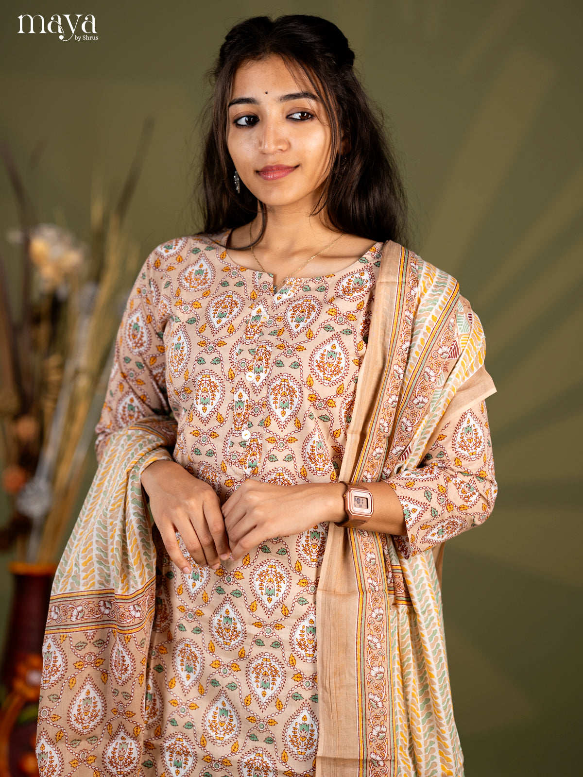 Beige Cotton 3pc Salwar Suit with Pasiley Print - Top, Bottom & Dupatta - Shop on Shrus.com