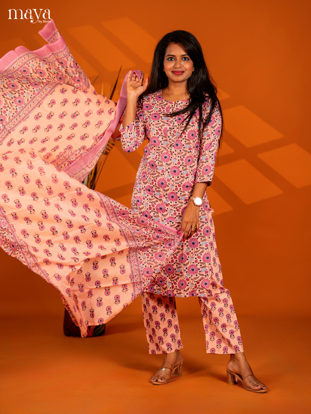 Peach Cotton 3pc Salwar Suit with Floral Print - Top, Bottom & Dupatta - Shop on Shrus.com