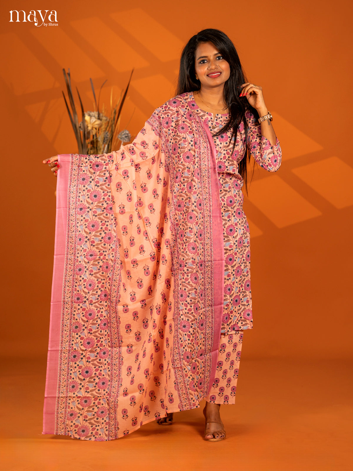 Peach Cotton 3pc Salwar Suit with Floral Print - Top, Bottom & Dupatta - Shop on Shrus.com