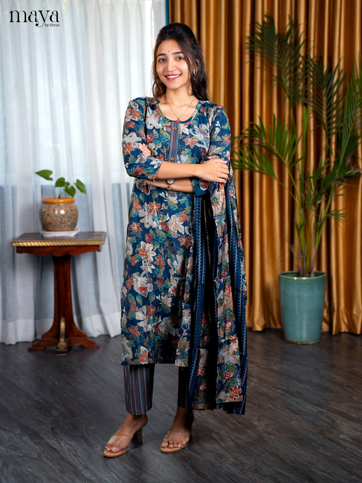 Peacock Blue Rayon 3pc Salwar Suit with Floral Print - Top, Bottom & Dupatta - Shop on Shrus.com