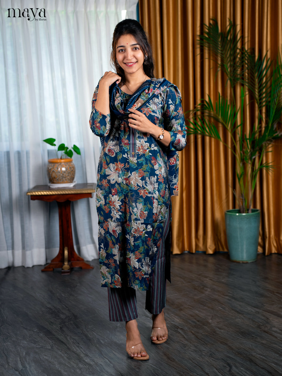 Peacock Blue Rayon 3pc Salwar Suit with Floral Print - Top, Bottom & Dupatta - Shop on Shrus.com