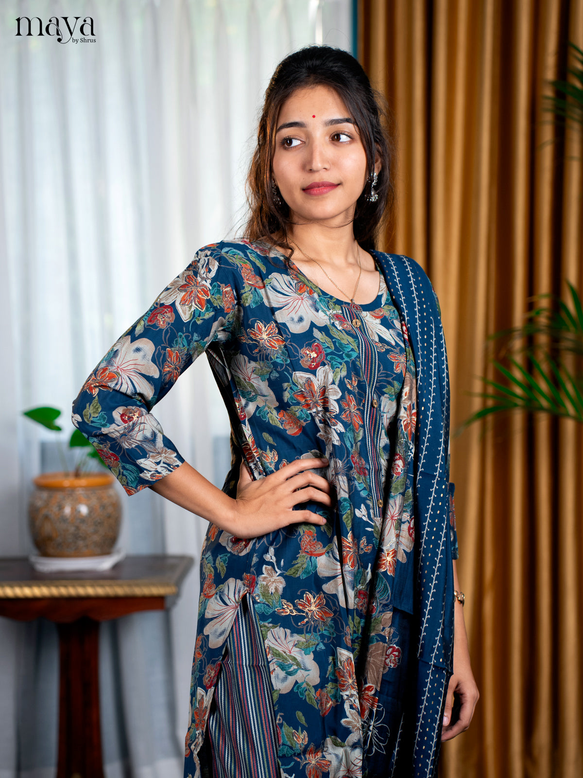 Peacock Blue Rayon 3pc Salwar Suit with Floral Print - Top, Bottom & Dupatta - Shop on Shrus.com