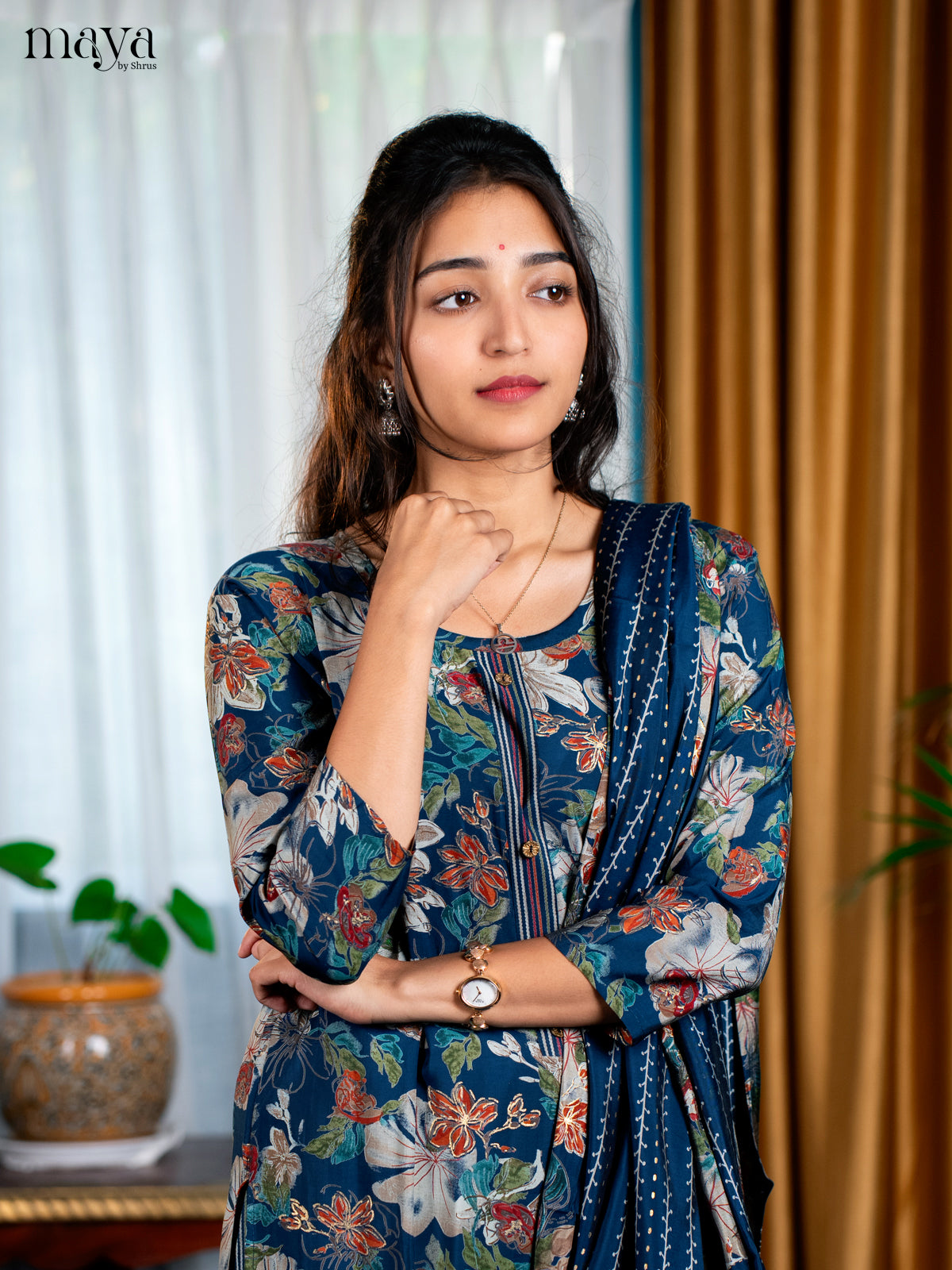 Peacock Blue Rayon 3pc Salwar Suit with Floral Print - Top, Bottom & Dupatta - Shop on Shrus.com