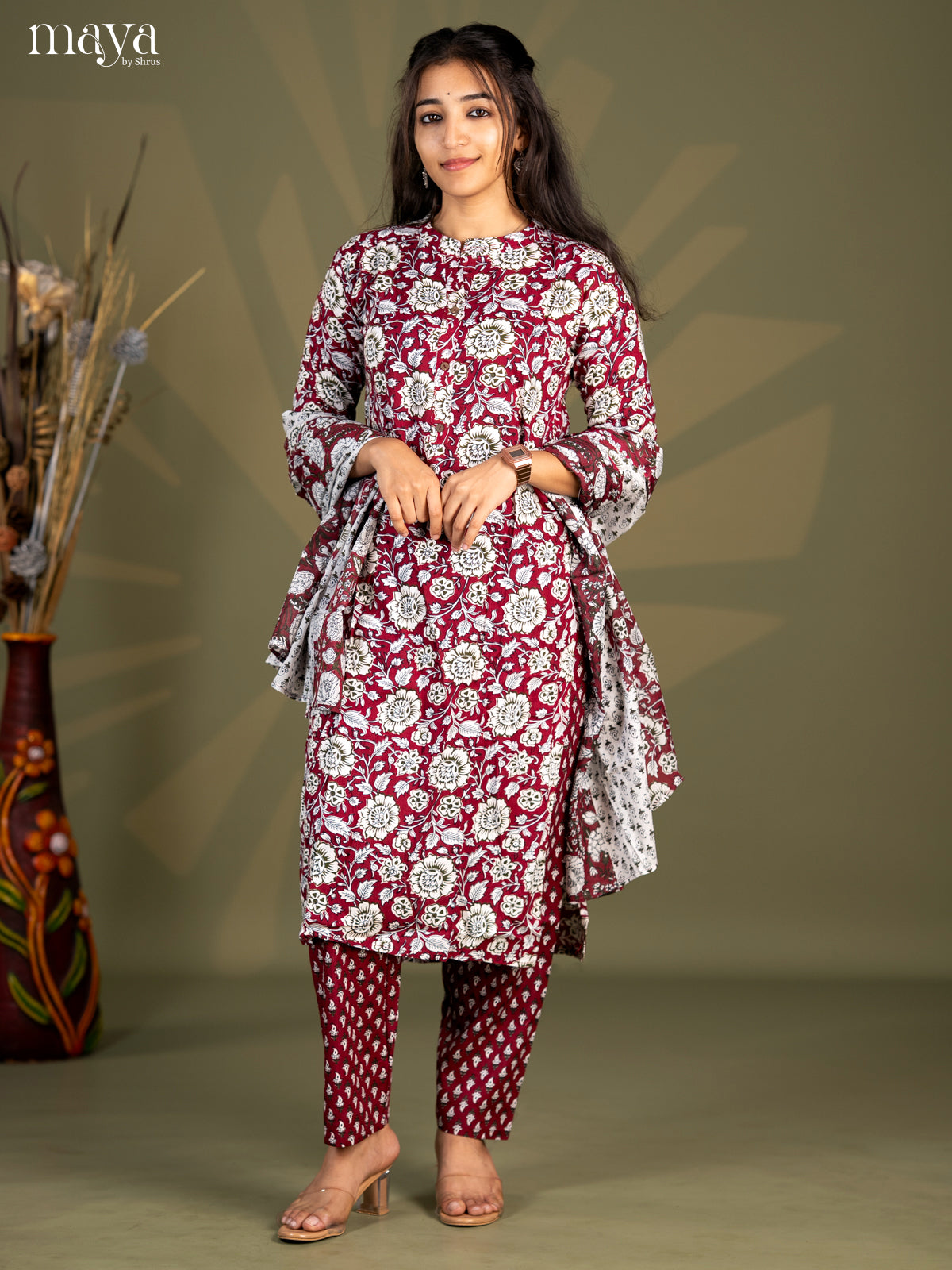 Burgundy Rayon 3pc Salwar Suit with Floral Print - Top, Bottom & Dupatta - Shop on Shrus.com