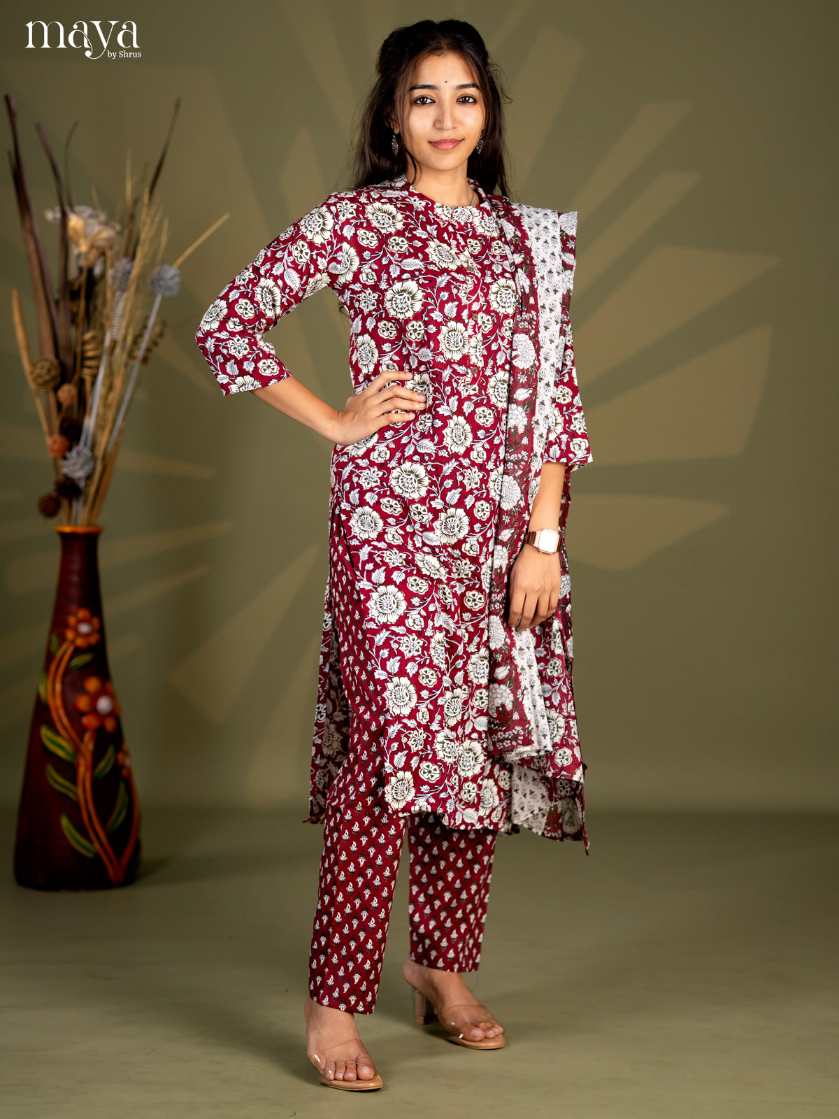 Burgundy Rayon 3pc Salwar Suit with Floral Print - Top, Bottom & Dupatta - Shop on Shrus.com