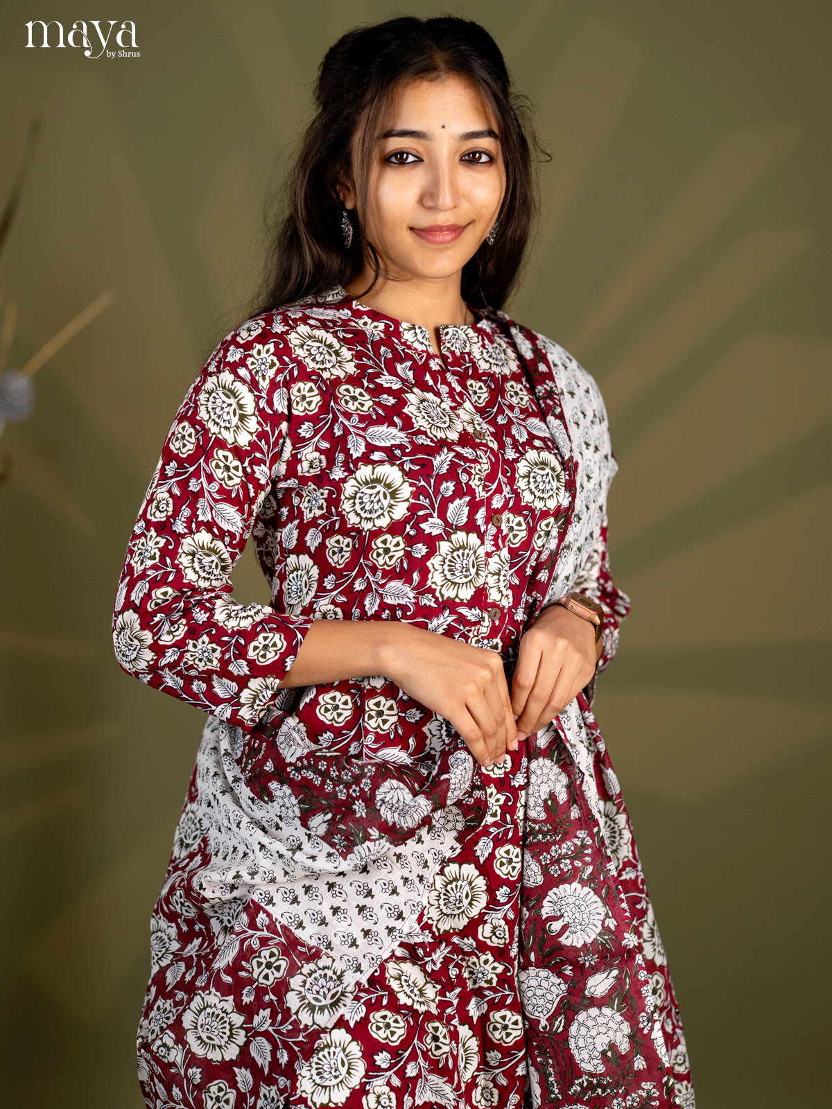 Burgundy Rayon 3pc Salwar Suit with Floral Print - Top, Bottom & Dupatta - Shop on Shrus.com