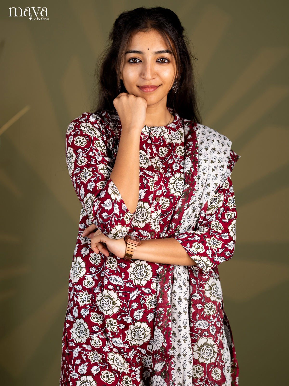 Burgundy Rayon 3pc Salwar Suit with Floral Print - Top, Bottom & Dupatta - Shop on Shrus.com