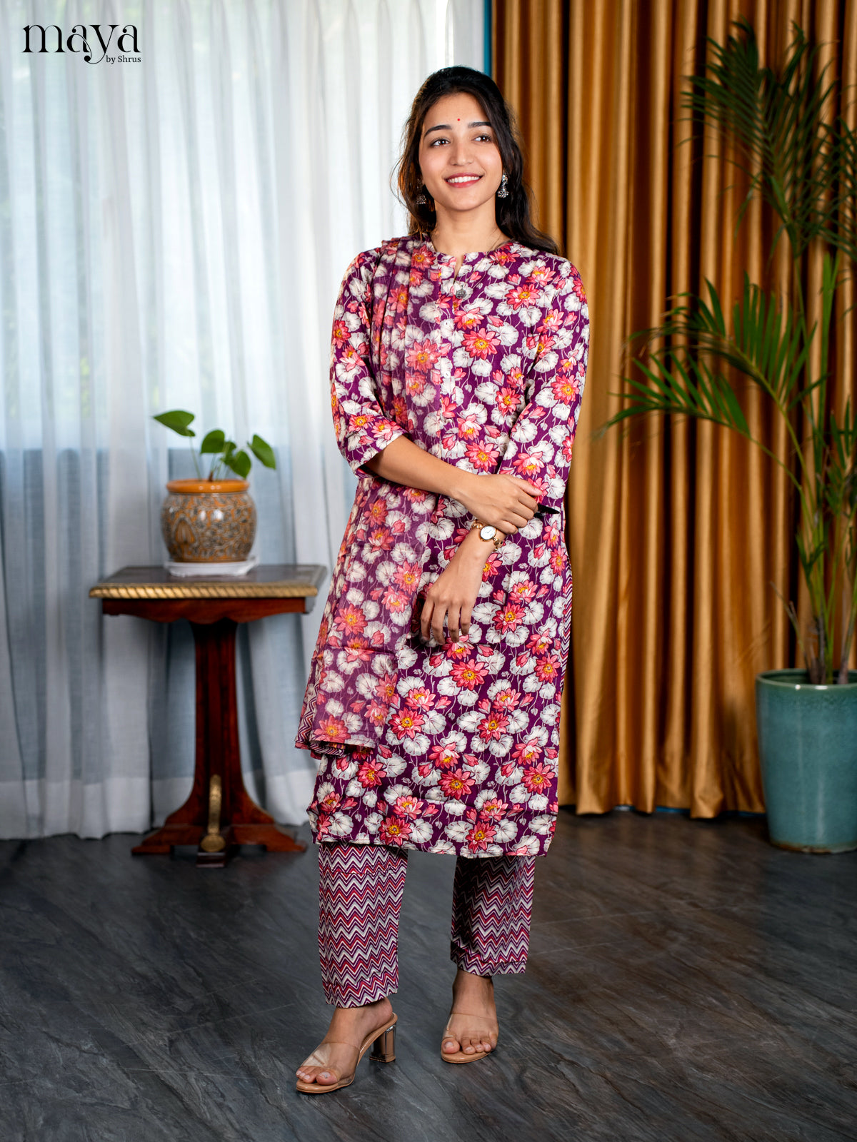 Plurple Rayon 3pc Salwar Suit with Floral Print - Top, Bottom & Dupatta - Shop on Shrus.com