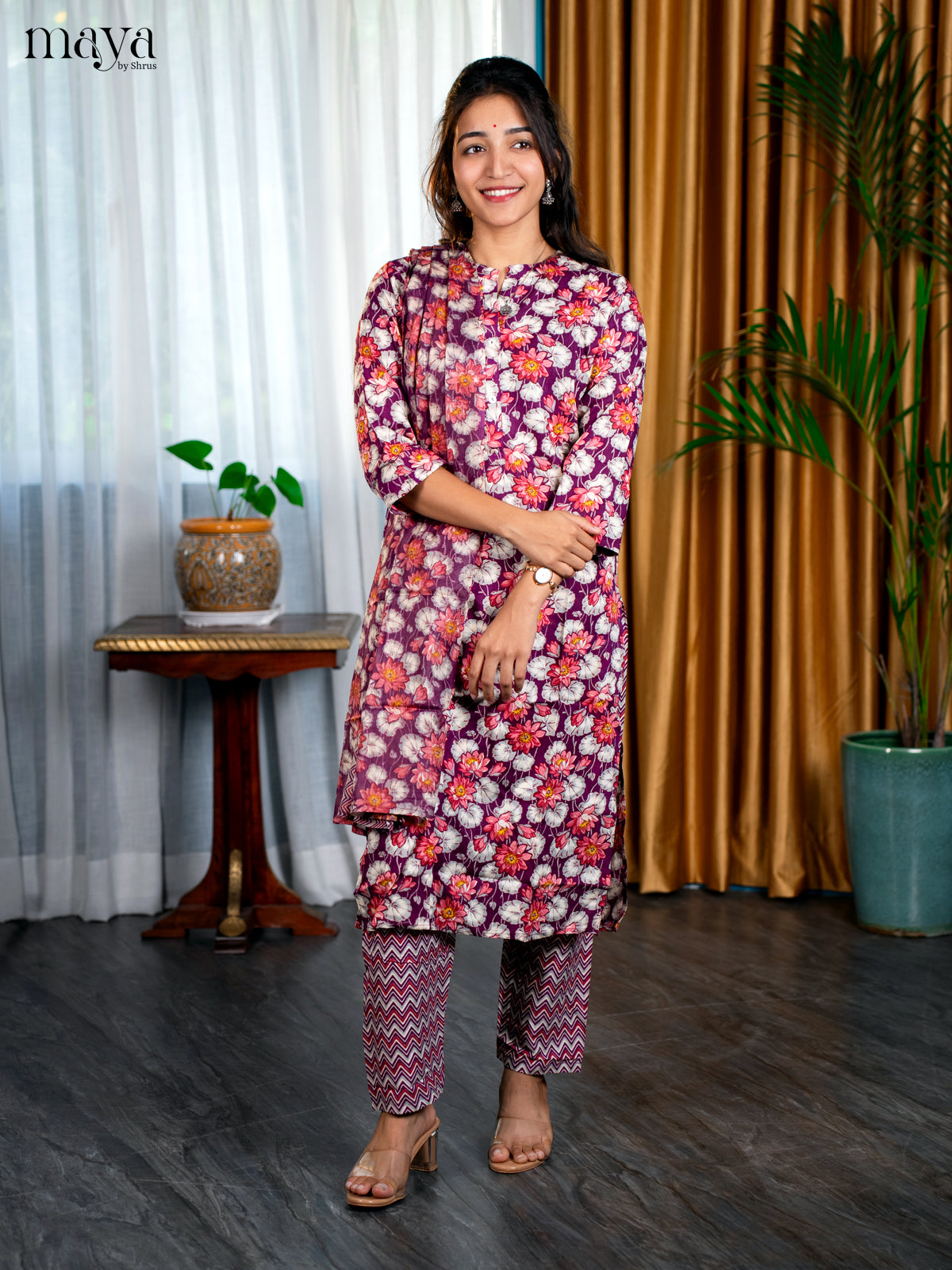 Plurple Rayon 3pc Salwar Suit with Floral Print - Top, Bottom & Dupatta - Shop on Shrus.com