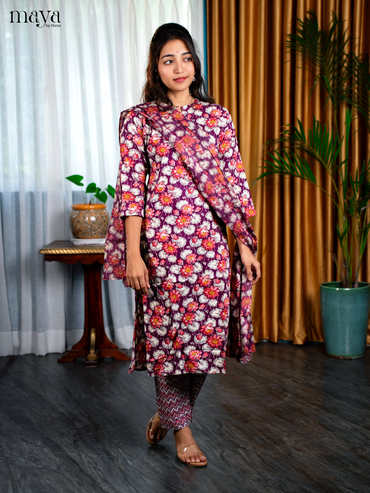 Plurple Rayon 3pc Salwar Suit with Floral Print - Top, Bottom & Dupatta - Shop on Shrus.com