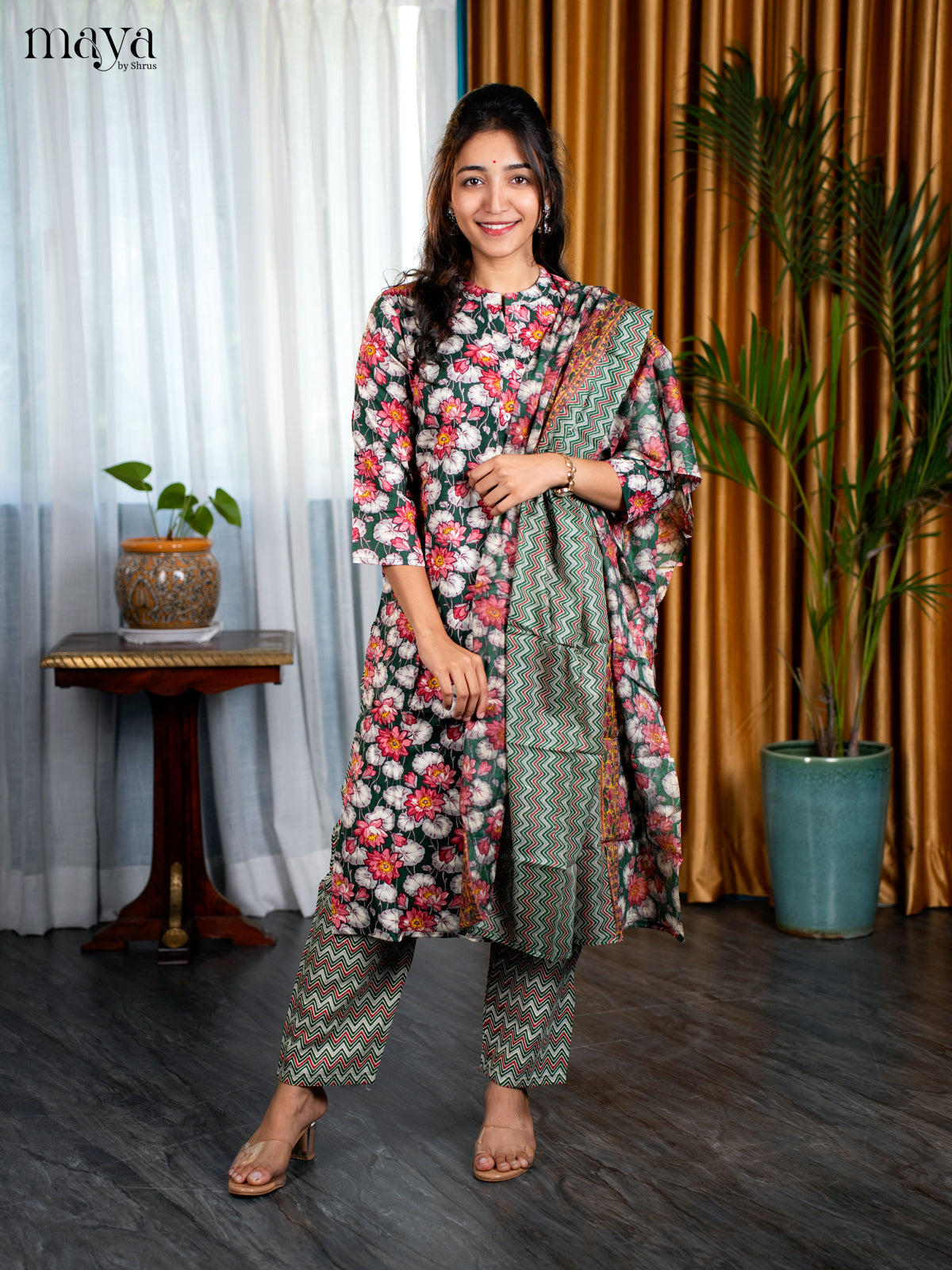 Green Rayon 3pc Salwar Suit with Florl Print - Top, Bottom & Dupatta - Shop on Shrus.com