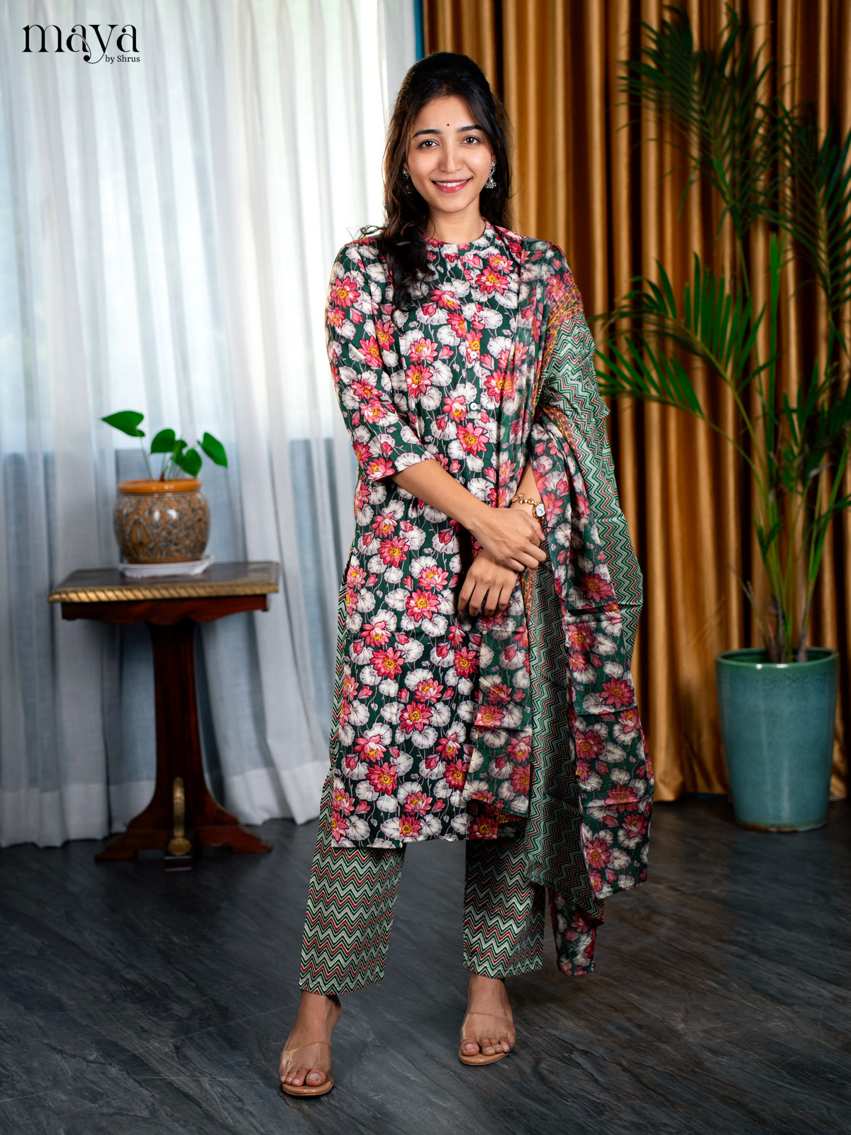 Green Rayon 3pc Salwar Suit with Florl Print - Top, Bottom & Dupatta - Shop on Shrus.com