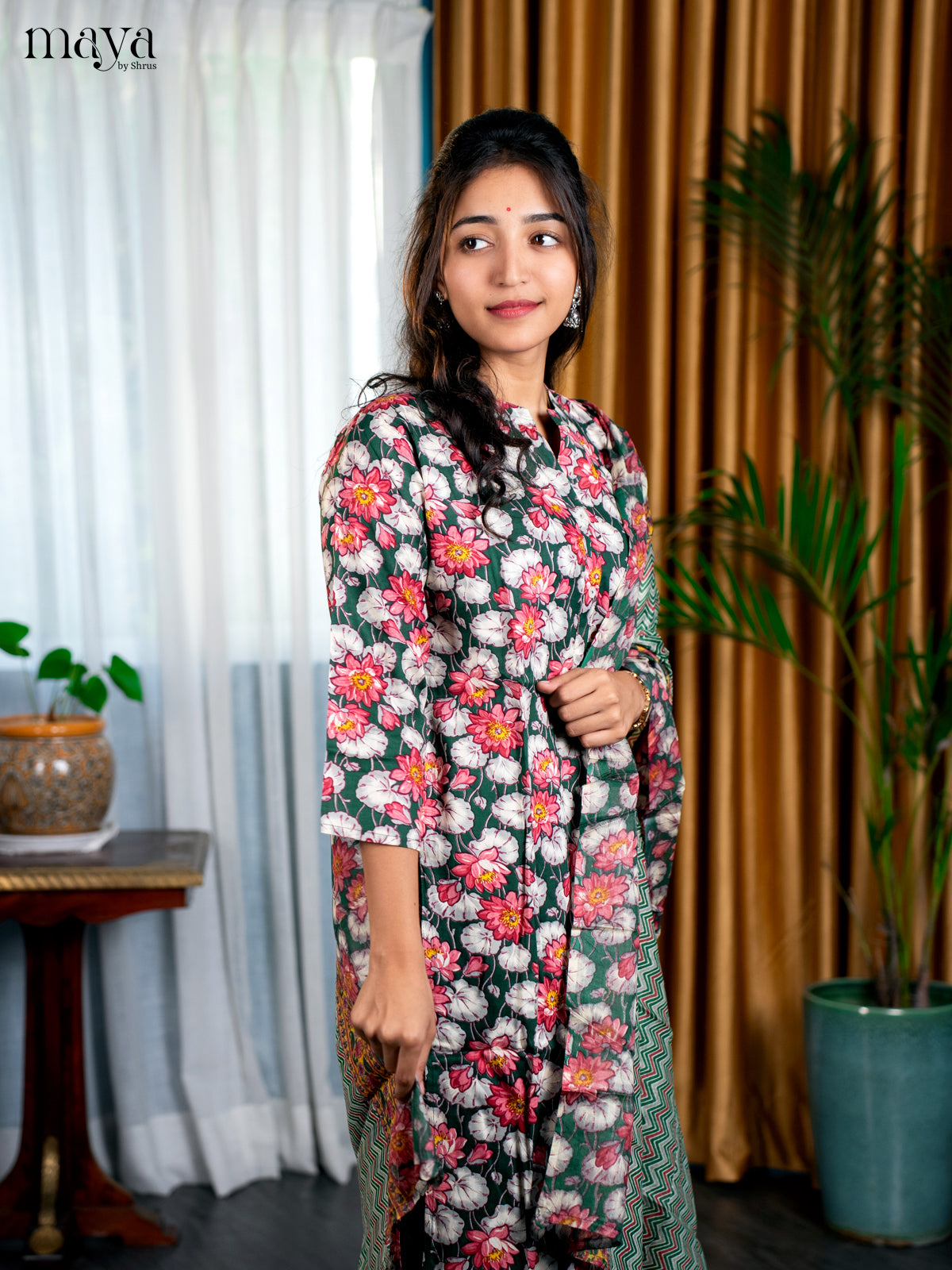 Green Rayon 3pc Salwar Suit with Florl Print - Top, Bottom & Dupatta - Shop on Shrus.com