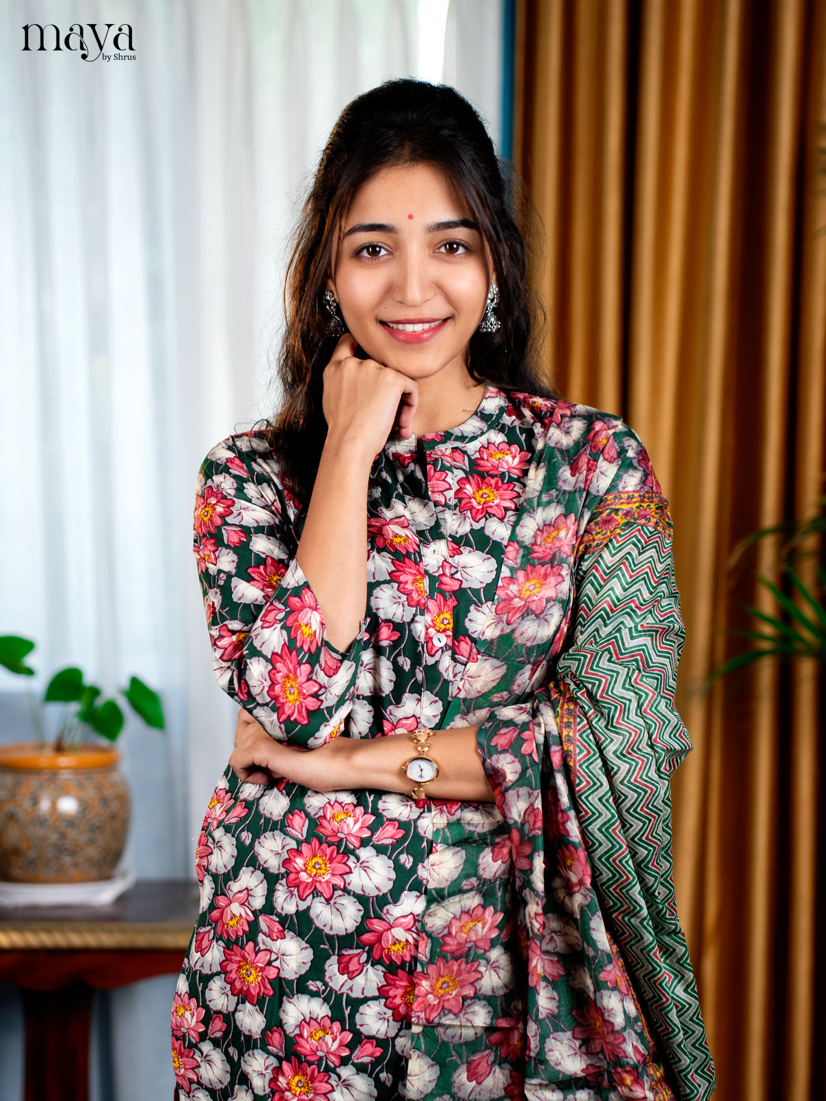 Green Rayon 3pc Salwar Suit with Florl Print - Top, Bottom & Dupatta - Shop on Shrus.com