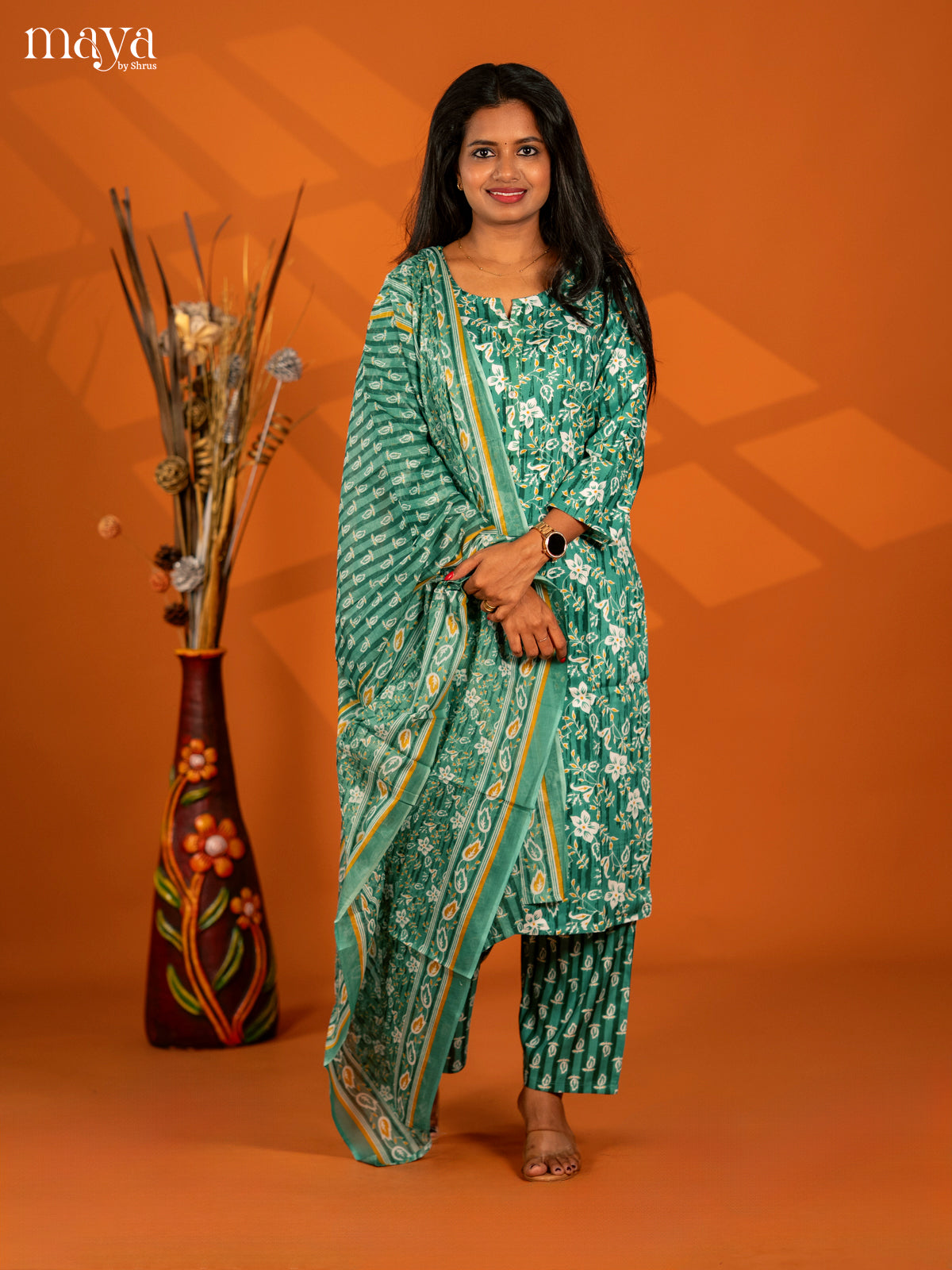 Green Rayon 3pc Salwar Suit with Florl Print - Top, Bottom & Dupatta - Shop on Shrus.com