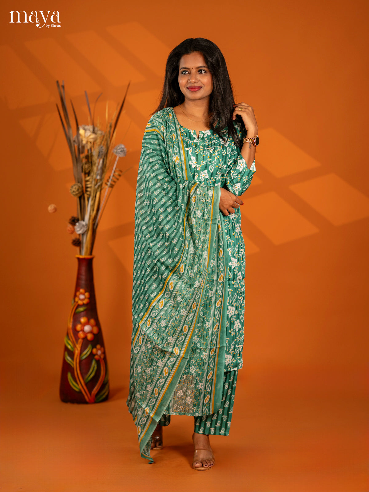 Green Rayon 3pc Salwar Suit with Florl Print - Top, Bottom & Dupatta - Shop on Shrus.com