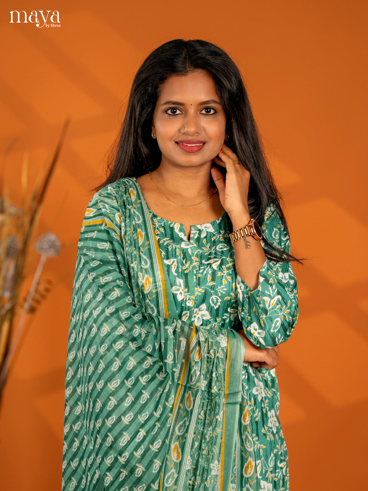 Green Rayon 3pc Salwar Suit with Florl Print - Top, Bottom & Dupatta - Shop on Shrus.com