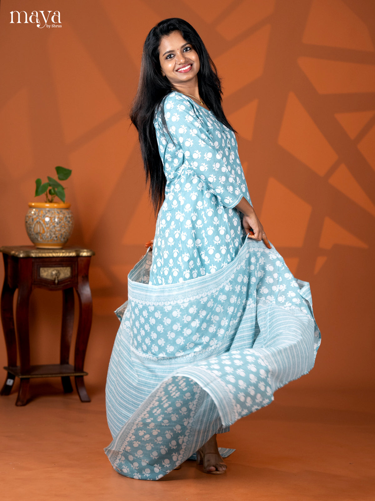 Pastel Blue Cotton 3pc Salwar Suit with Floral Print - Top, Bottom & Dupatta - Shop on Shrus.com