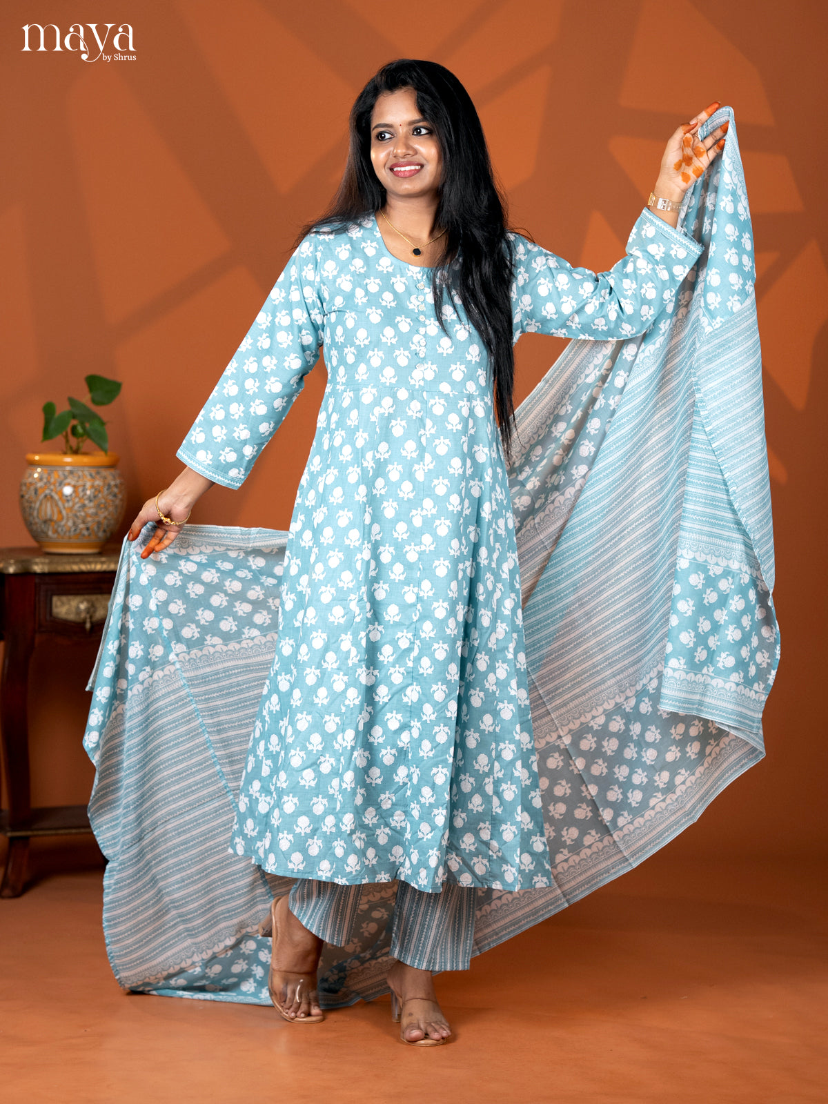 Pastel Blue Cotton 3pc Salwar Suit with Floral Print - Top, Bottom & Dupatta - Shop on Shrus.com