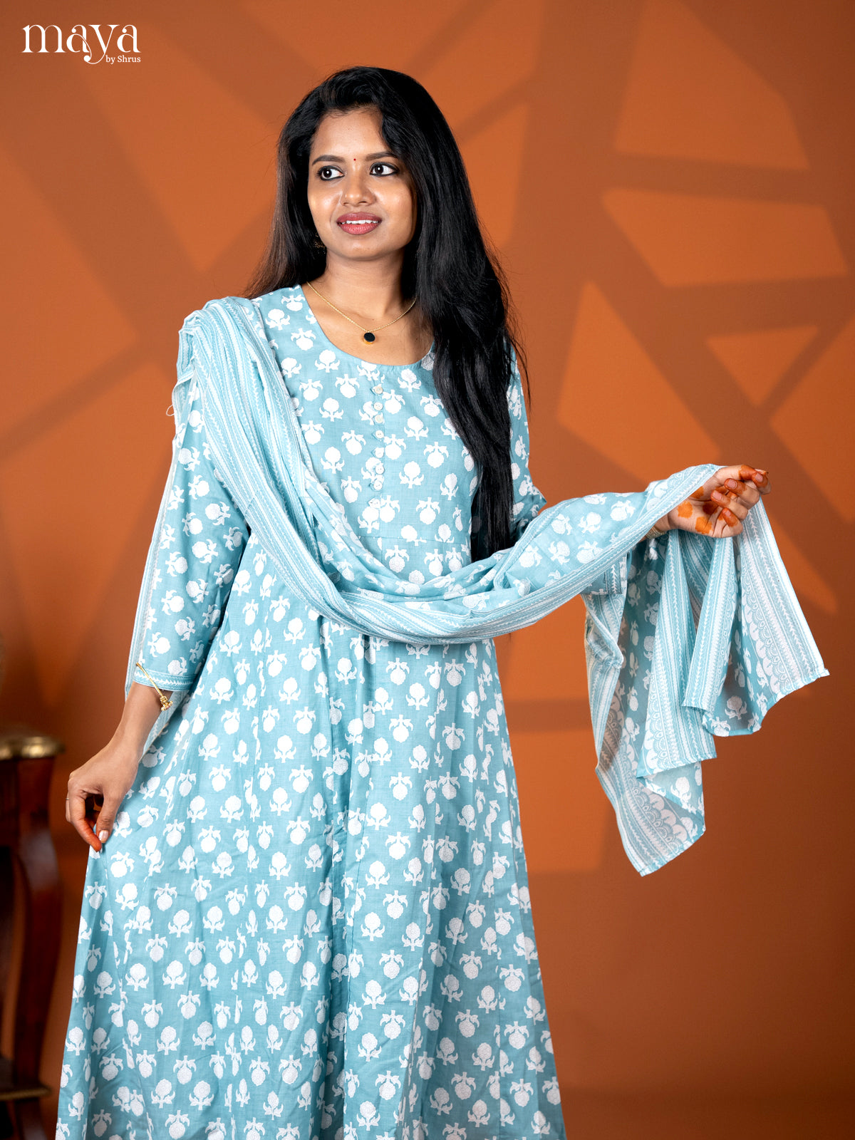 Pastel Blue Cotton 3pc Salwar Suit with Floral Print - Top, Bottom & Dupatta - Shop on Shrus.com