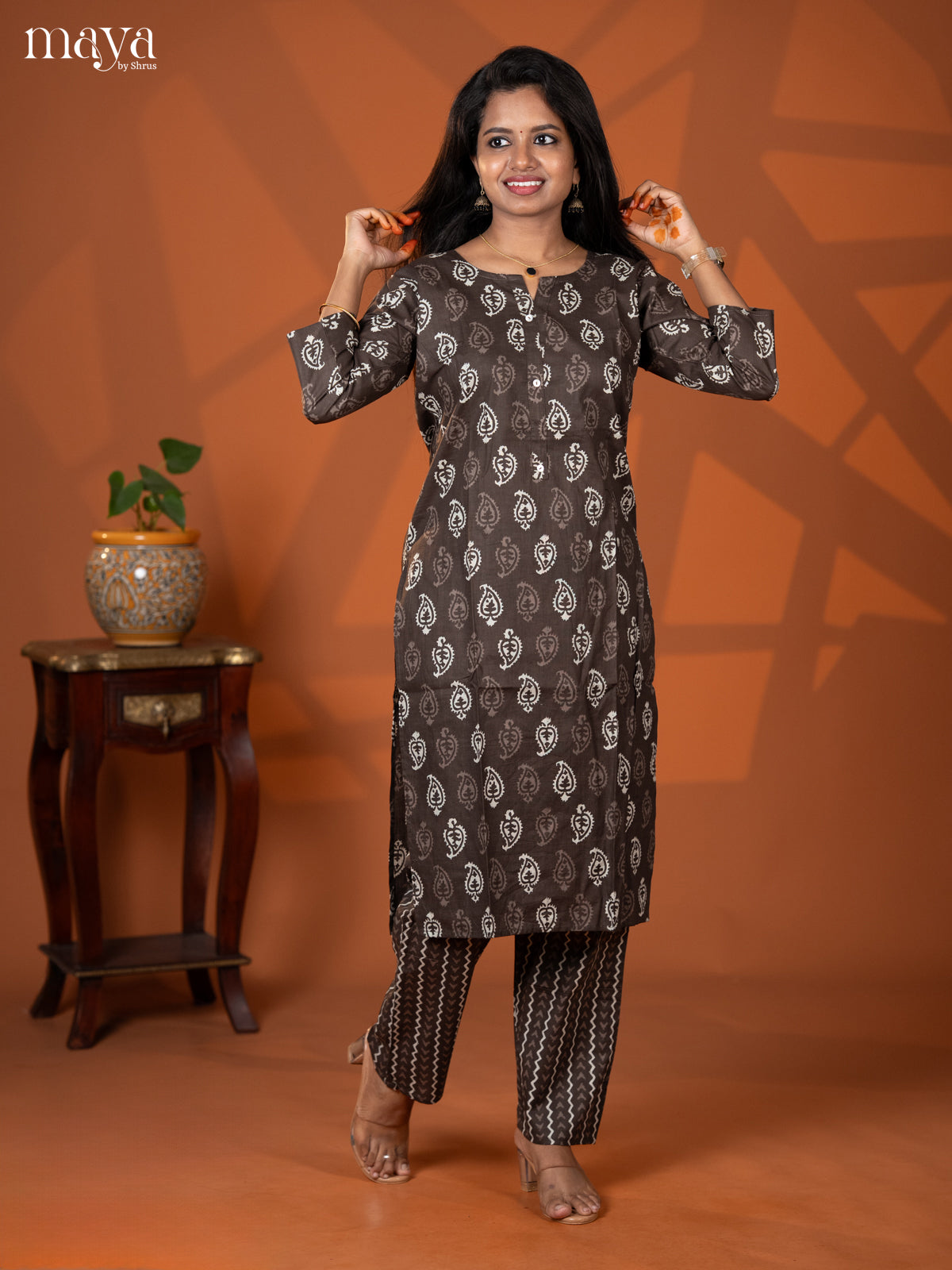 Brown Cotton 2pc Paisley Print Salwar Suit - Top & Bottom - Shop on Shrus.com